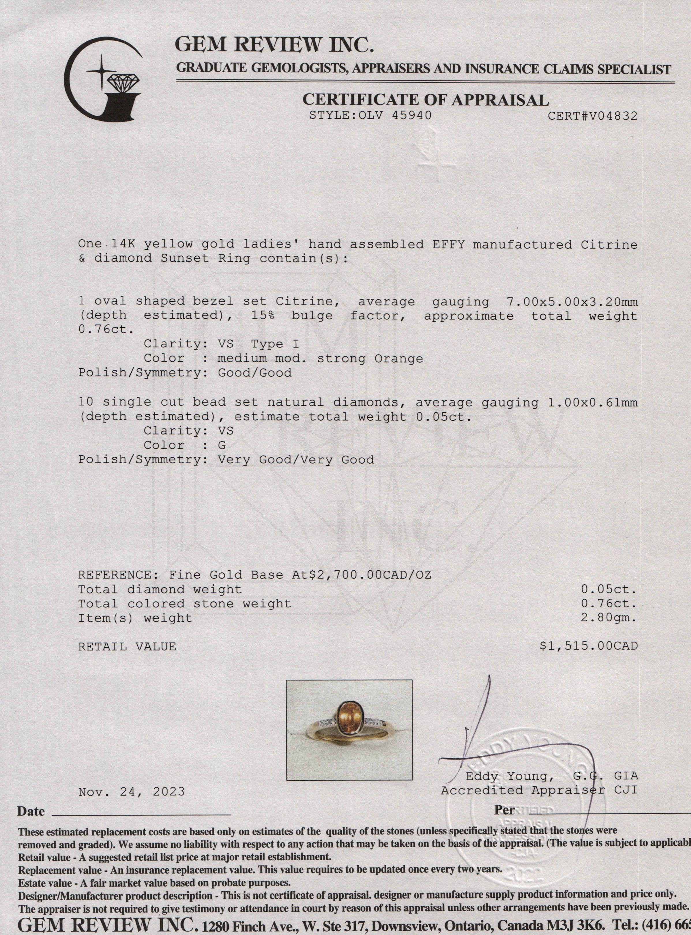 Effy 14k Yellow Gold Citrine & Diamond Sunset Ring, Size 7