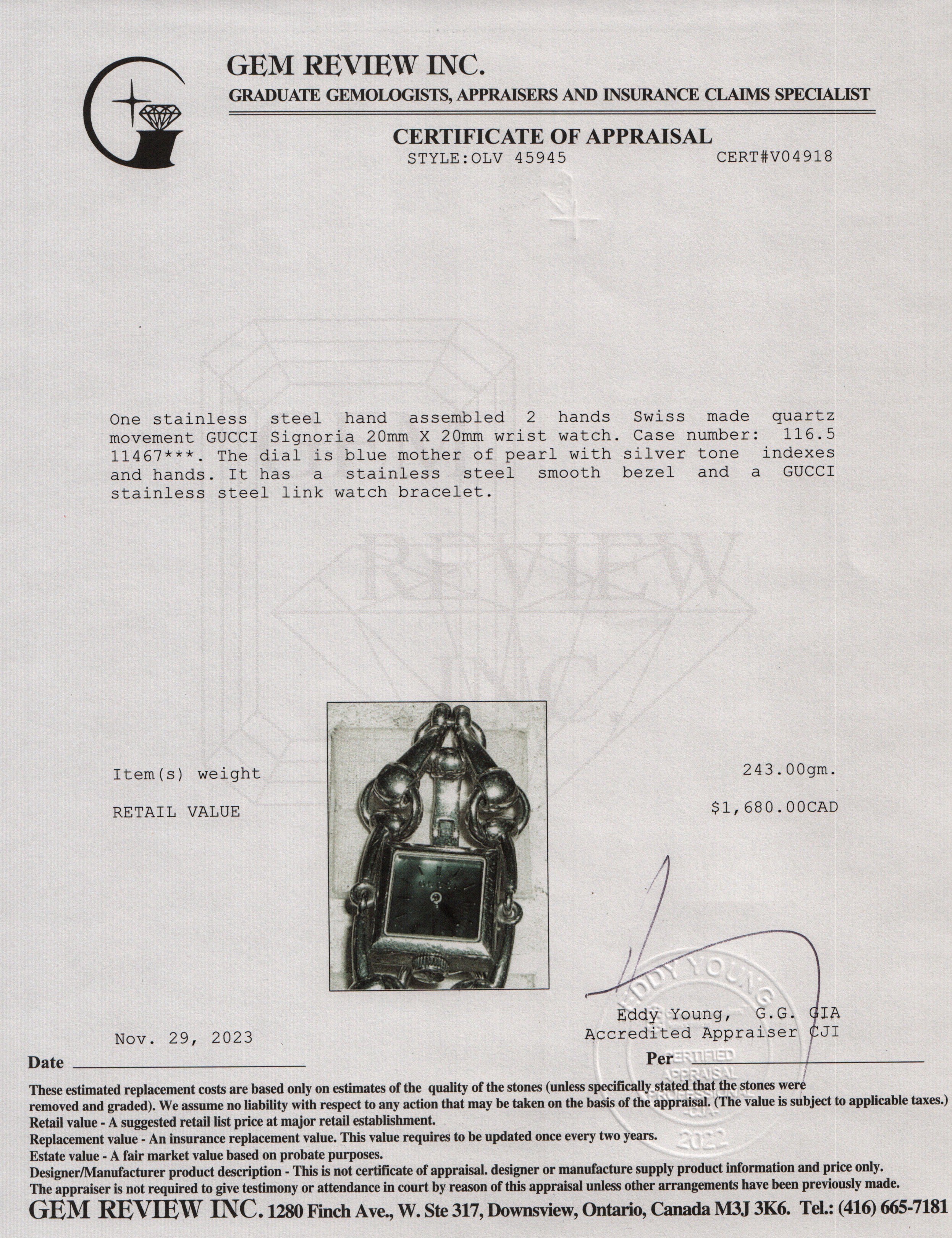 Gucci Stainless Steel Signoria 20MM Watch