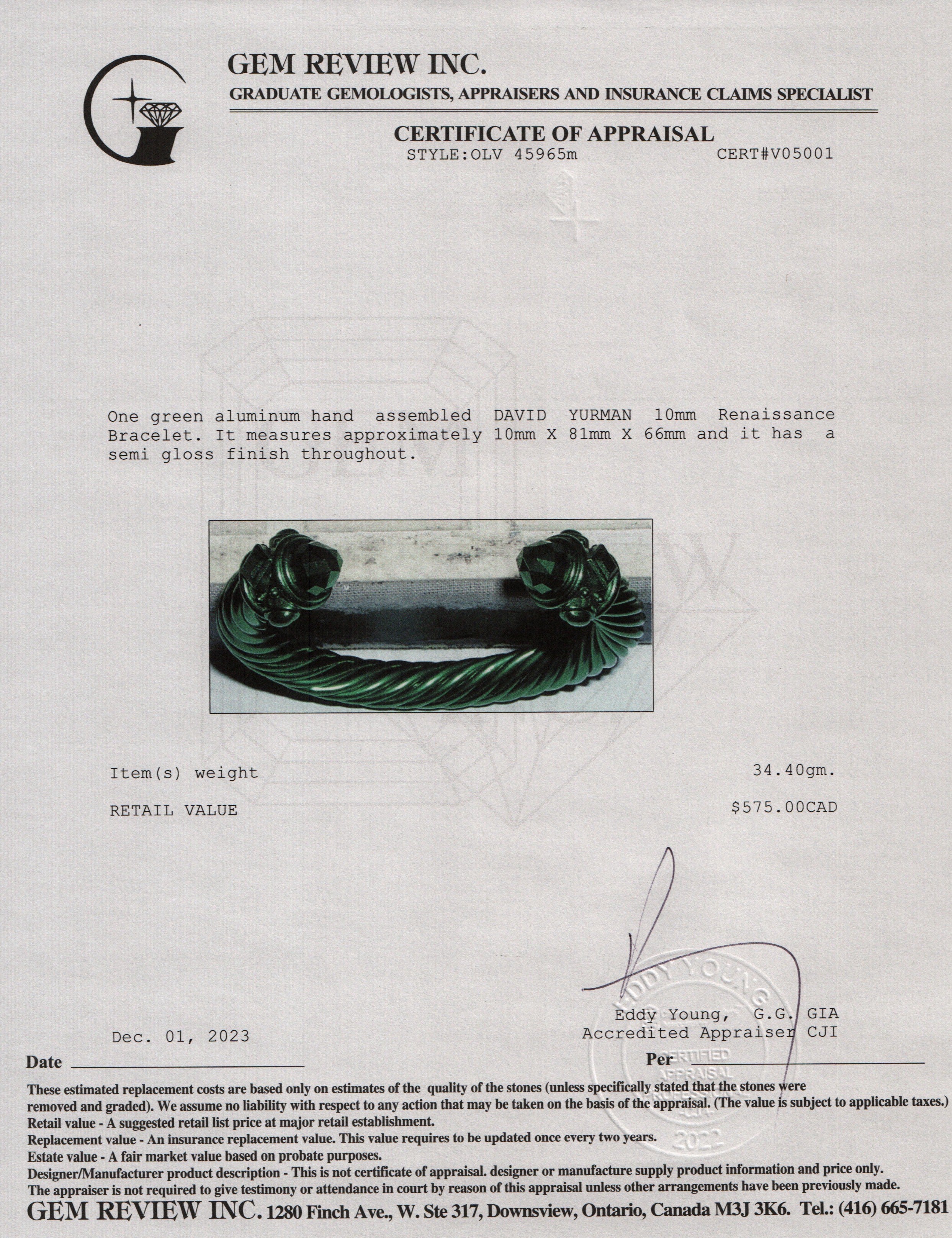 David Yurman Green Aluminum 10MM Renaissance Bracelet w/ Box