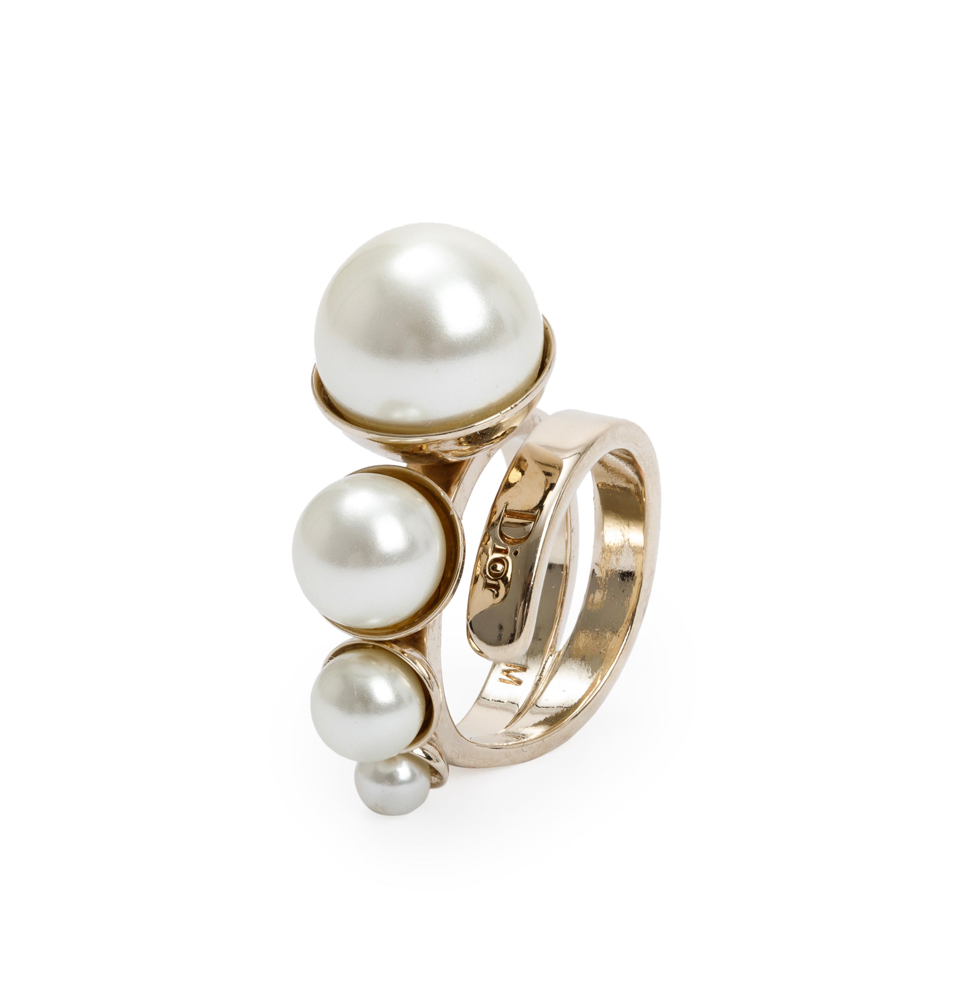 Christian Dior Gold Tone Metal Faux Pearl Wrap Ring, M Size 6