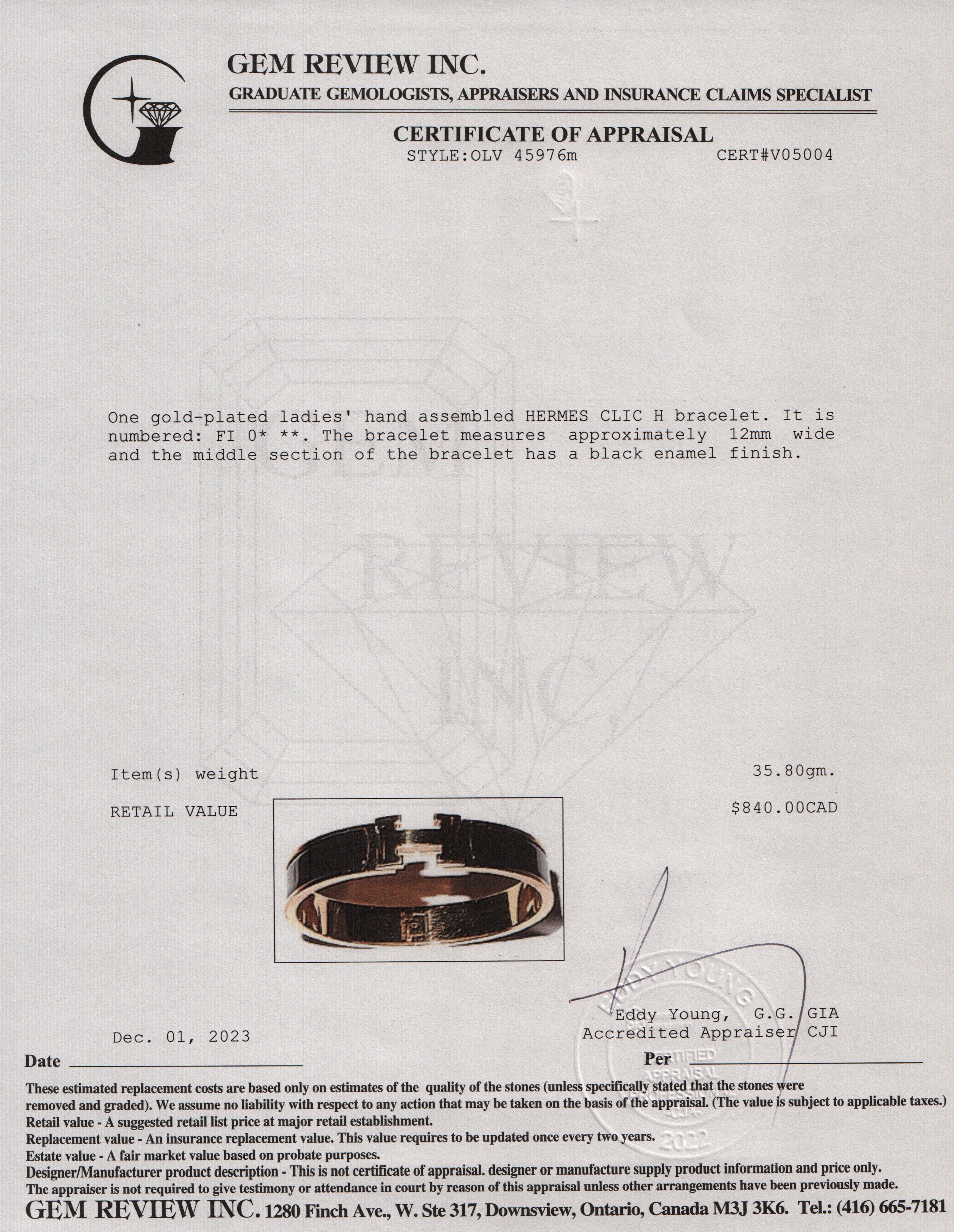 Hermes Yellow Gold-Plated Black Enamel 12 MM Clic H Bracelet w/ Box