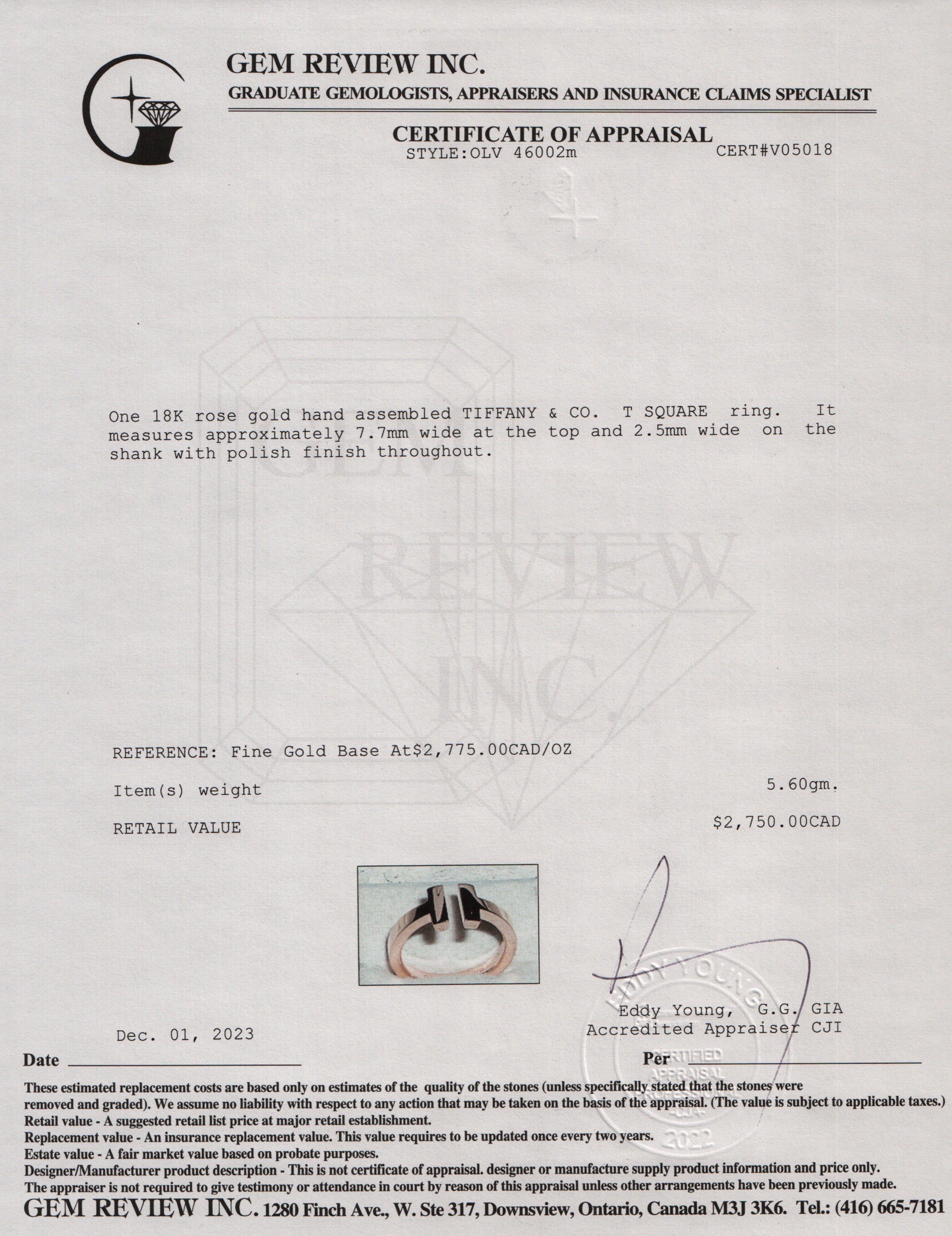 Tiffany & Co. 18k Rose Gold T Square Ring, Size 5.75