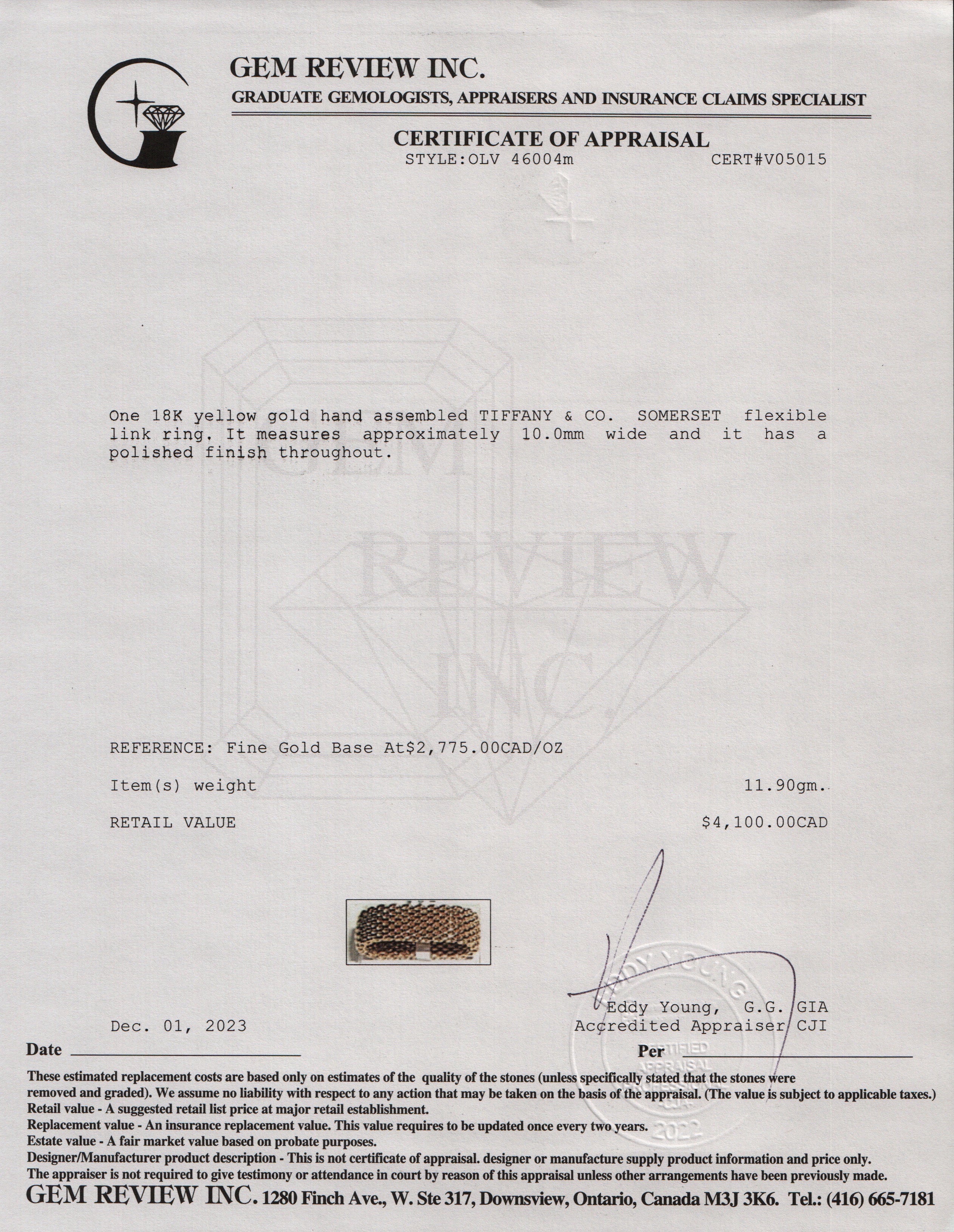 Tiffany & Co. 18k Yellow Gold Somerset Ring, Size 5