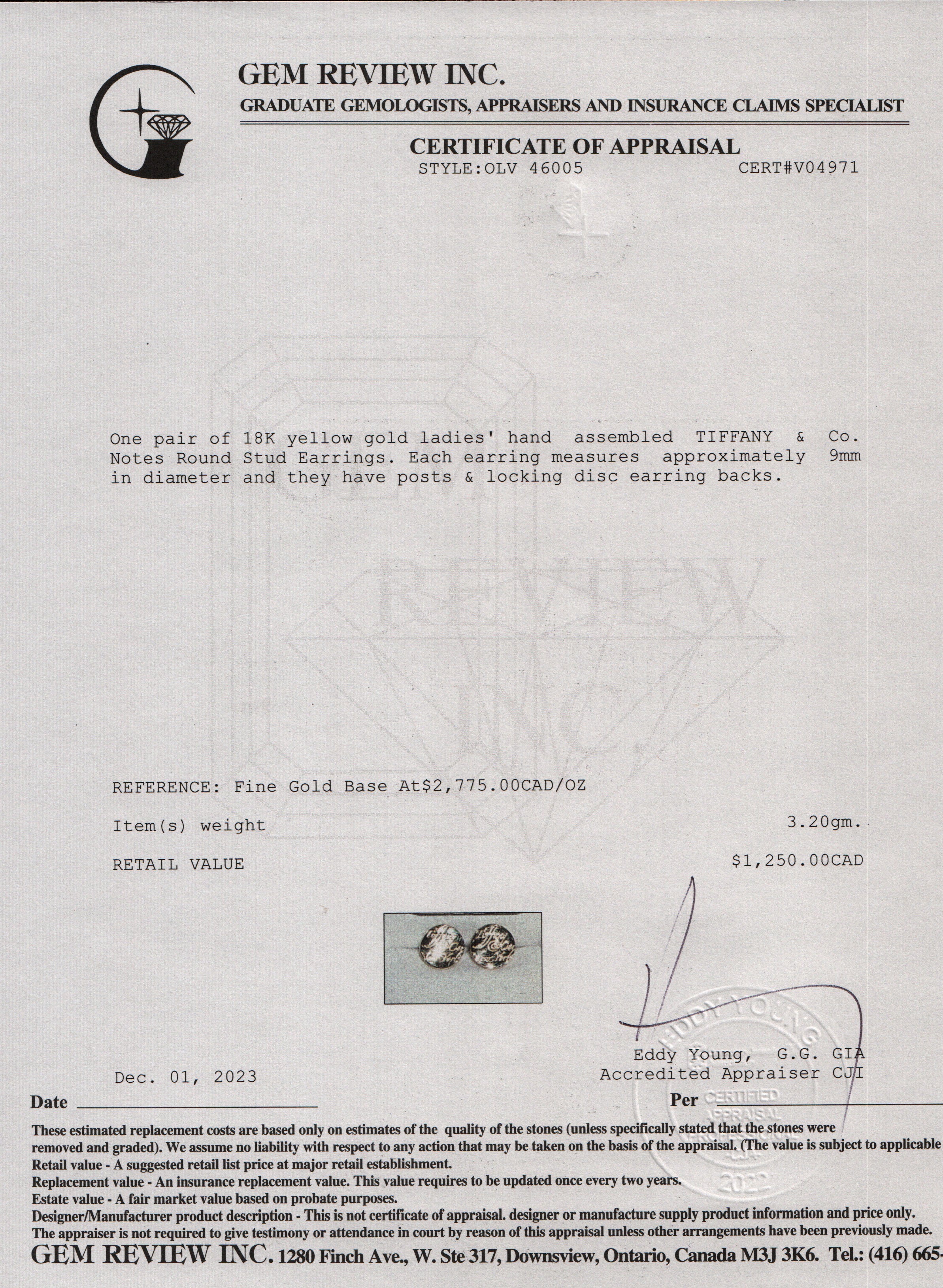 Tiffany & Co. 18k Yellow Gold Notes Round Stud Earrings, 9 MM