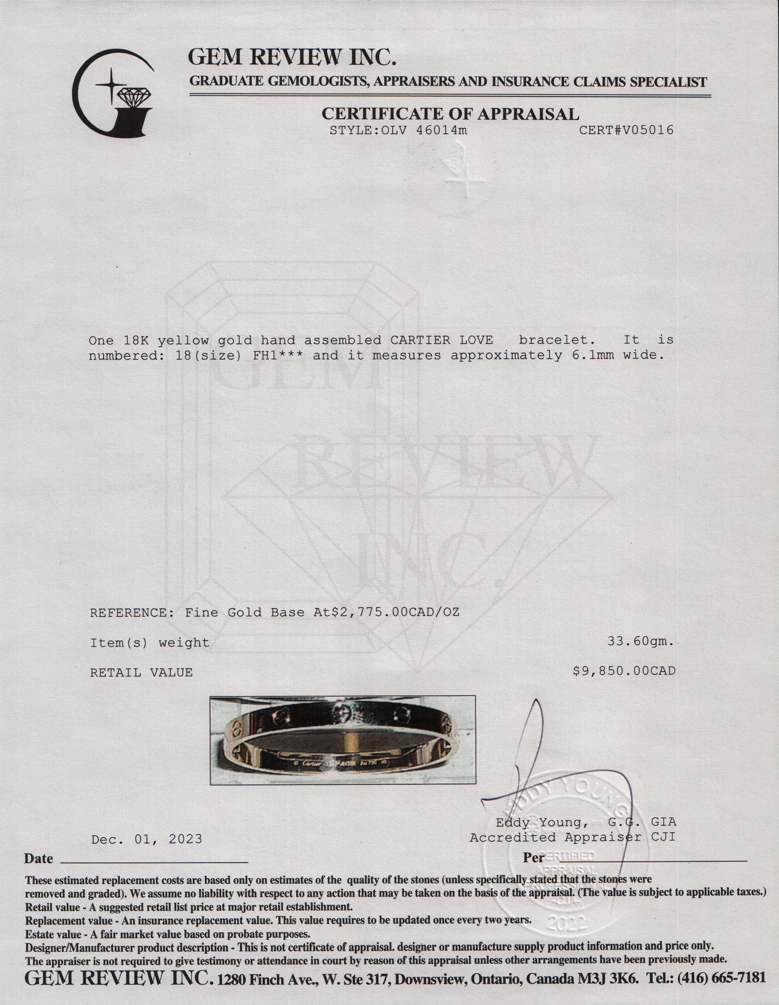 Cartier 18k Yellow Gold Love Bracelet, Size 18