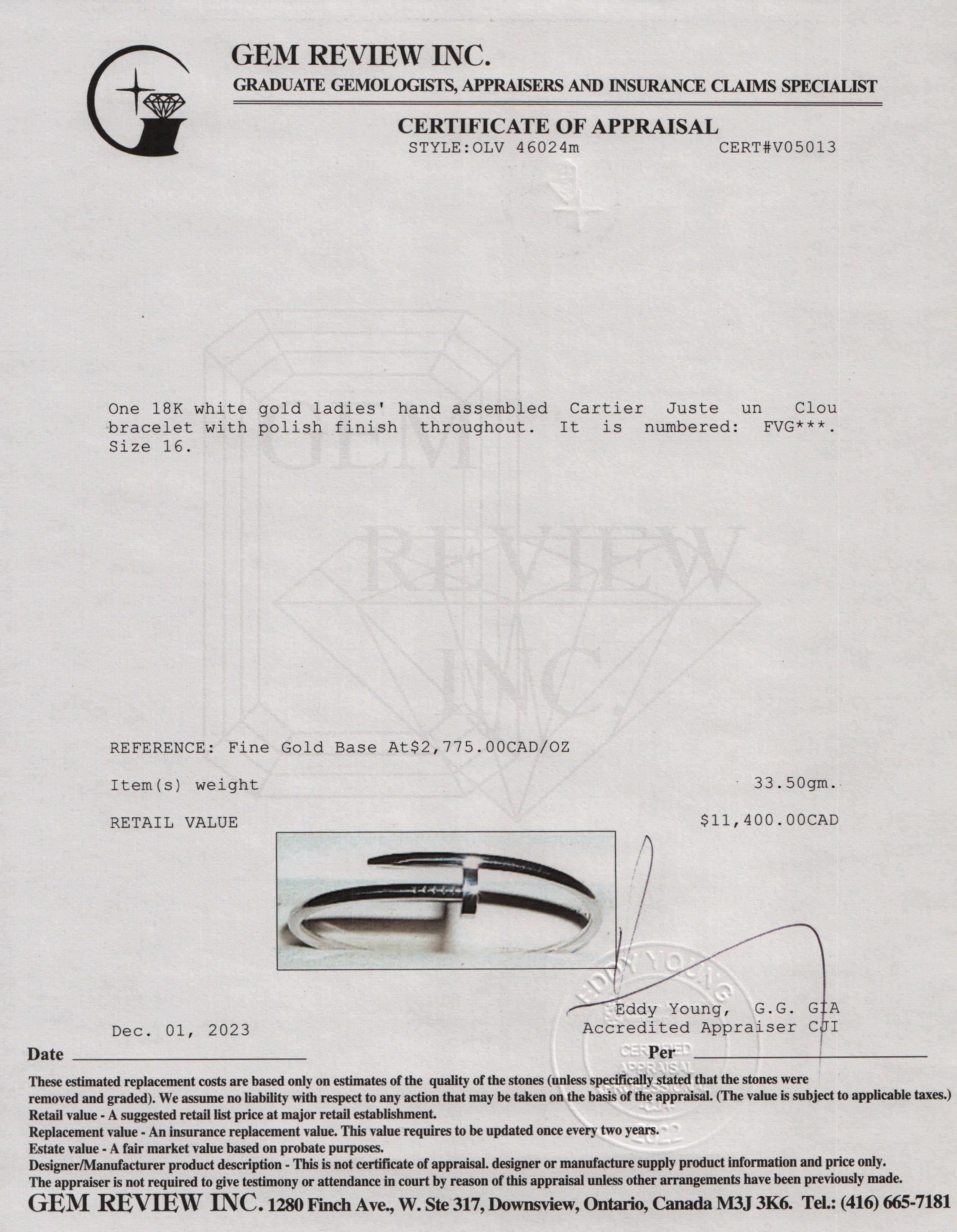 Cartier 18k White Gold Juste Un Clou Bracelet, Size 16 w/ Box & Certificate