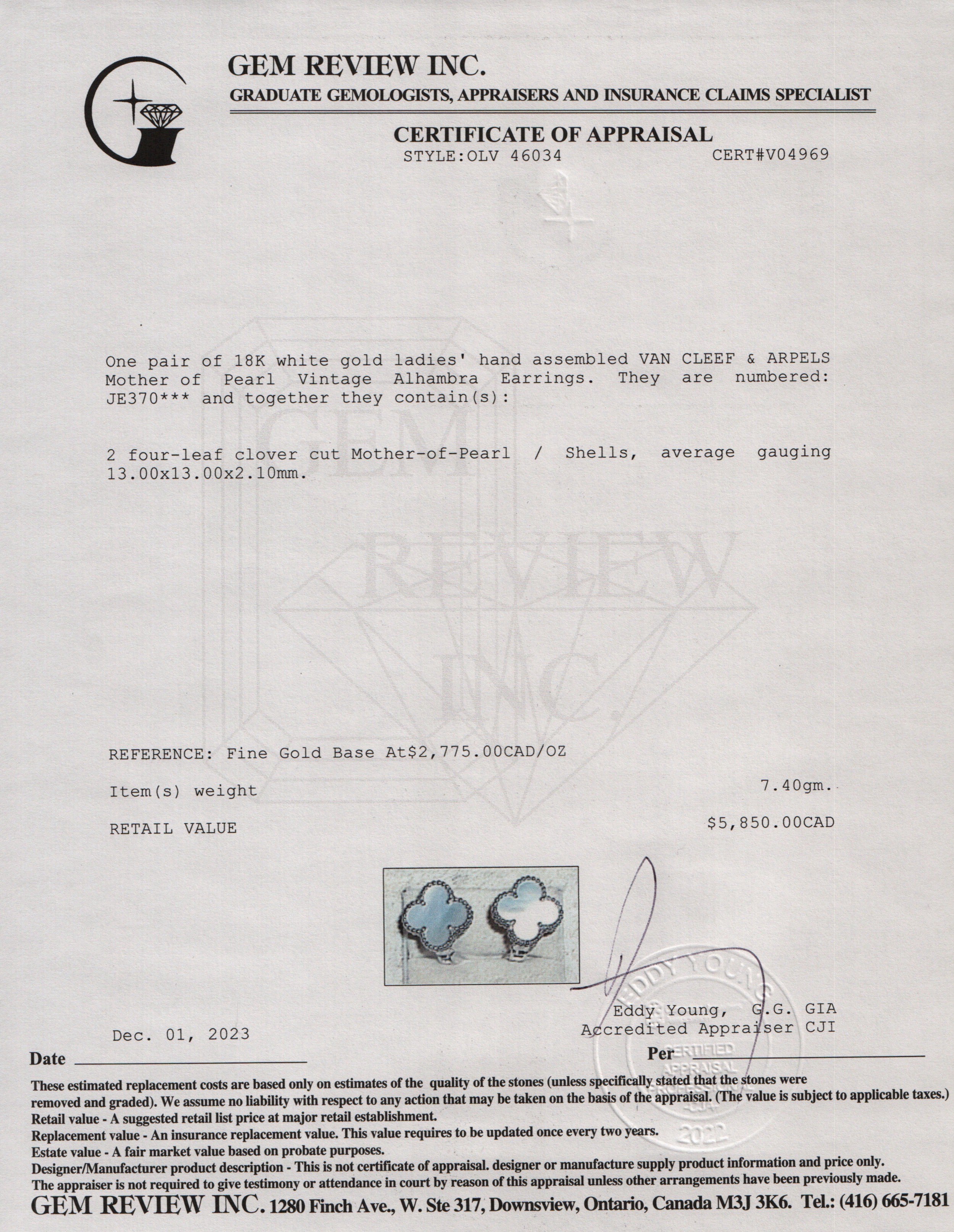 Van Cleef & Arpels 18k White Gold Vintage Alhambra Mother of Pearl Stud Earrings w/ Box