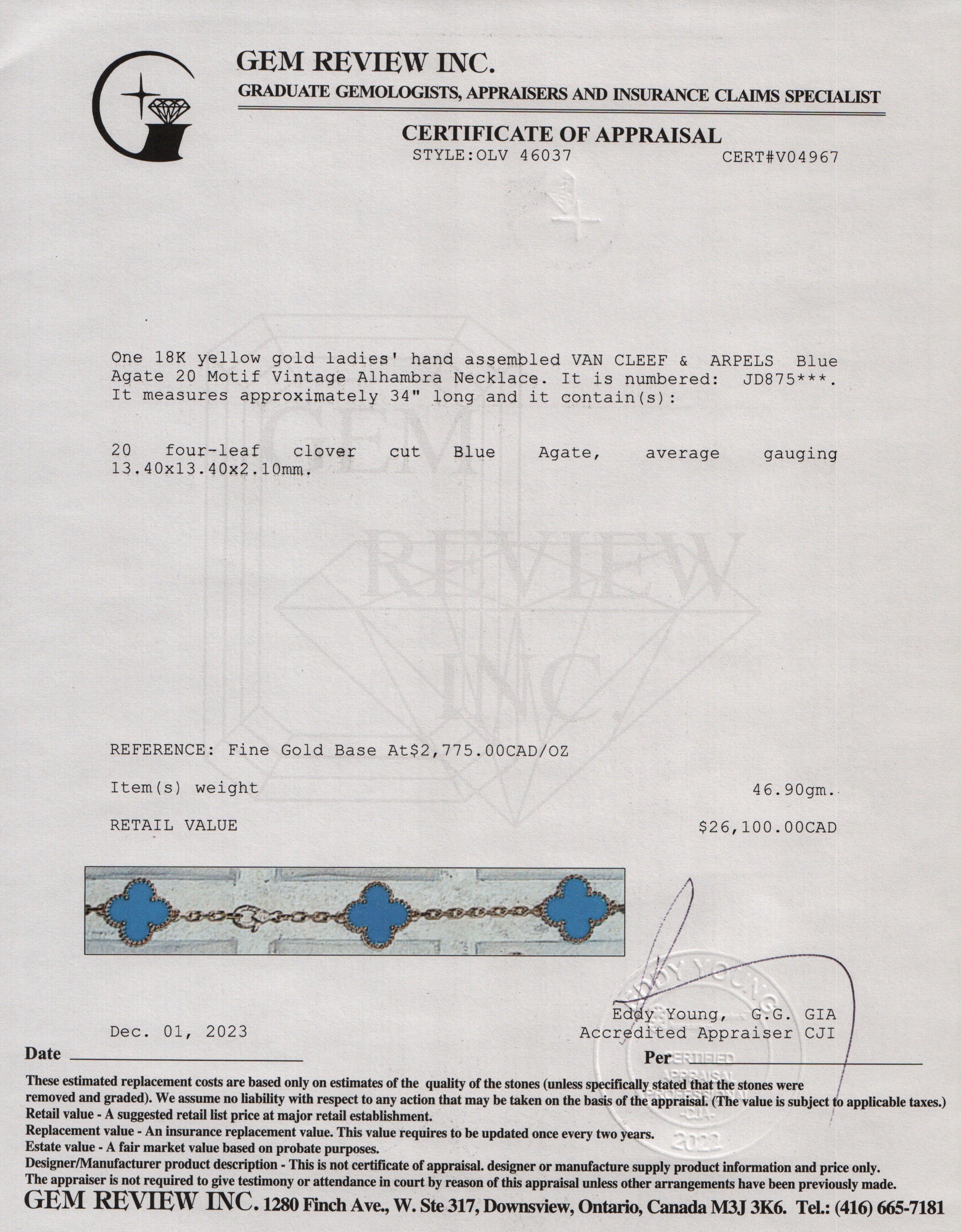 Van Cleef & Arpels 18k Yellow Gold Vintage Alhambra 20 Motif Blue Agate Long Necklace w/ Box & Certificate