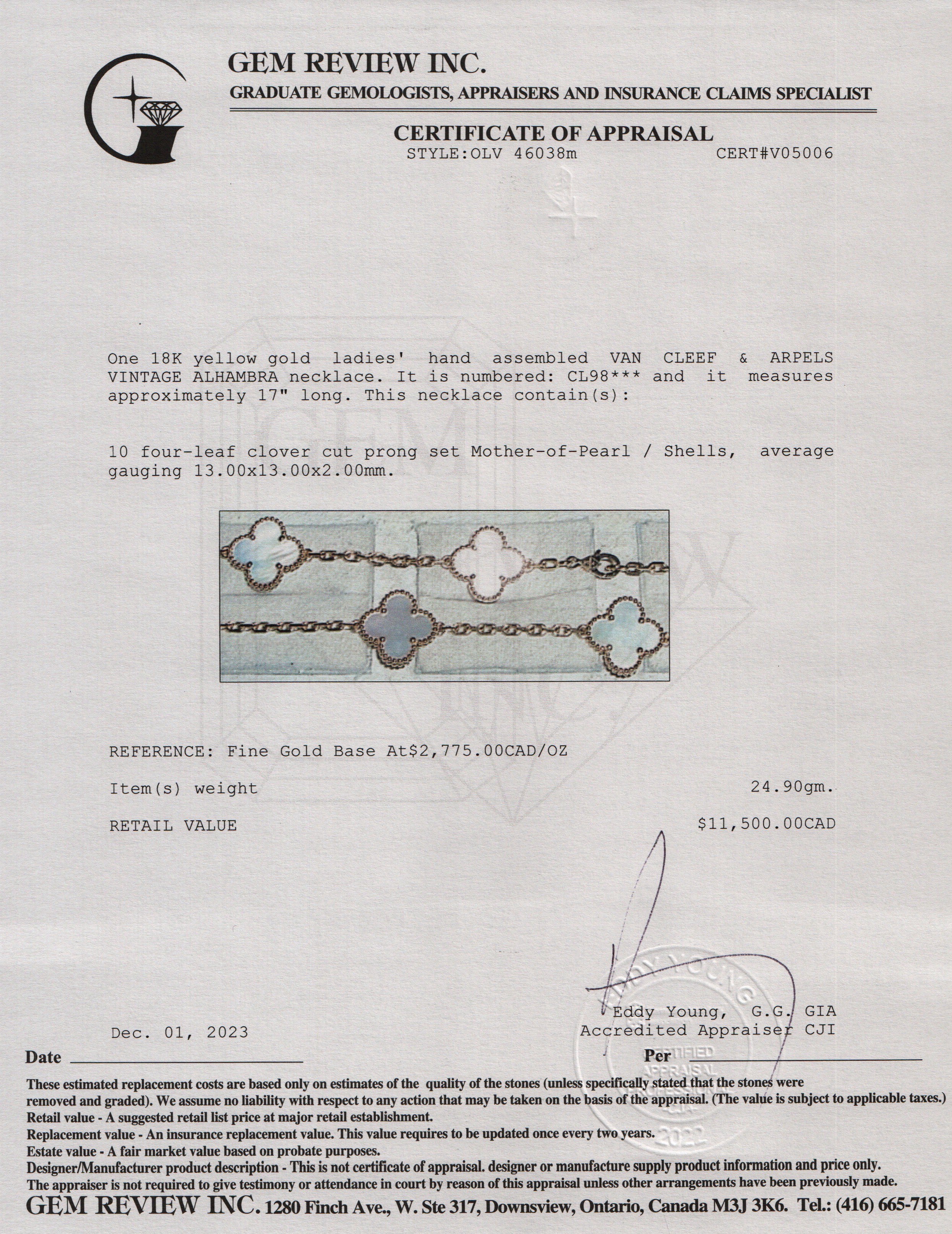 Van Cleef & Arpels 18k Yellow Gold Vintage Alhambra 10 Motif Mother of Pearl Necklace w/ Box & Certificate