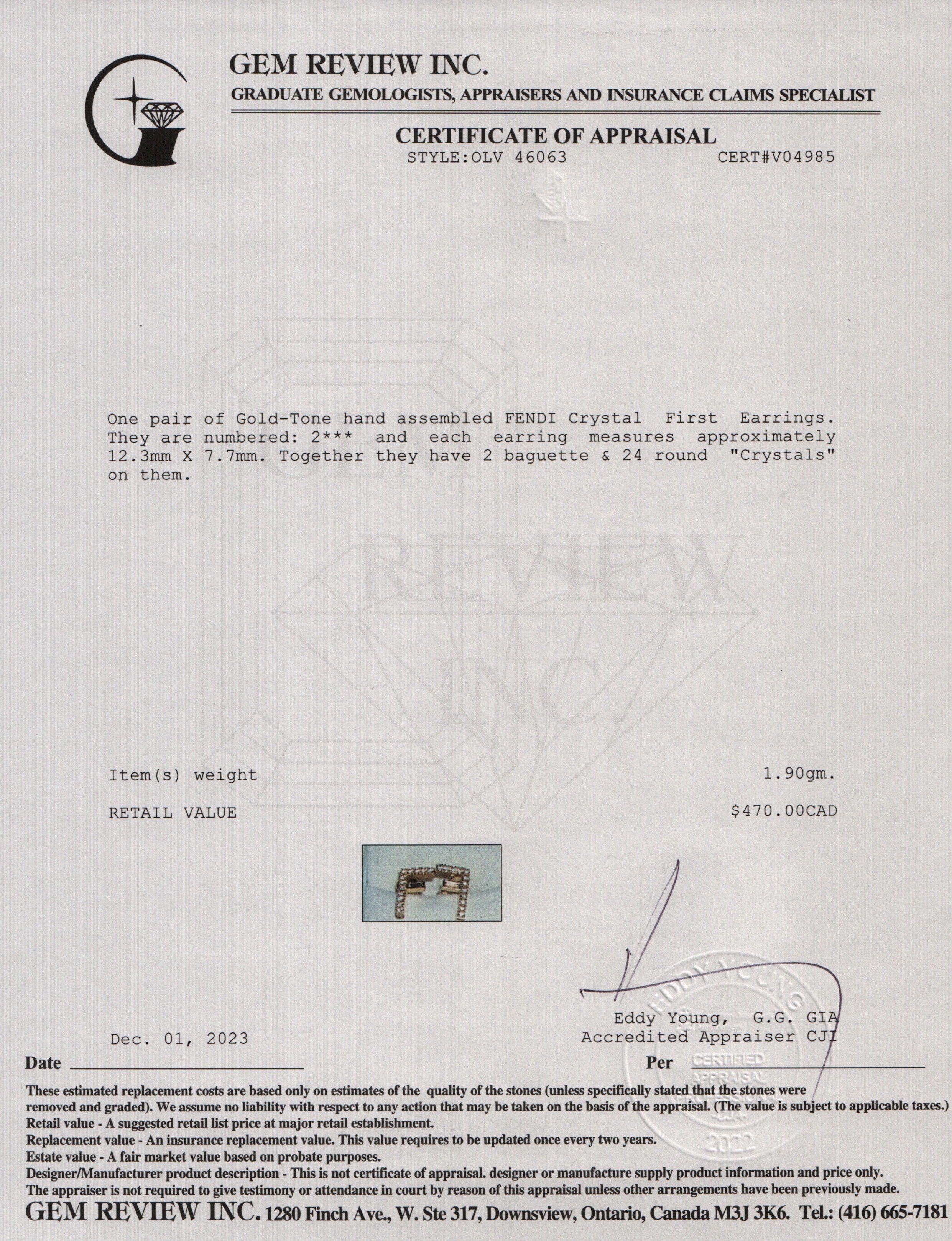 Fendi Gold-Tone Metal Crystal First Earrings