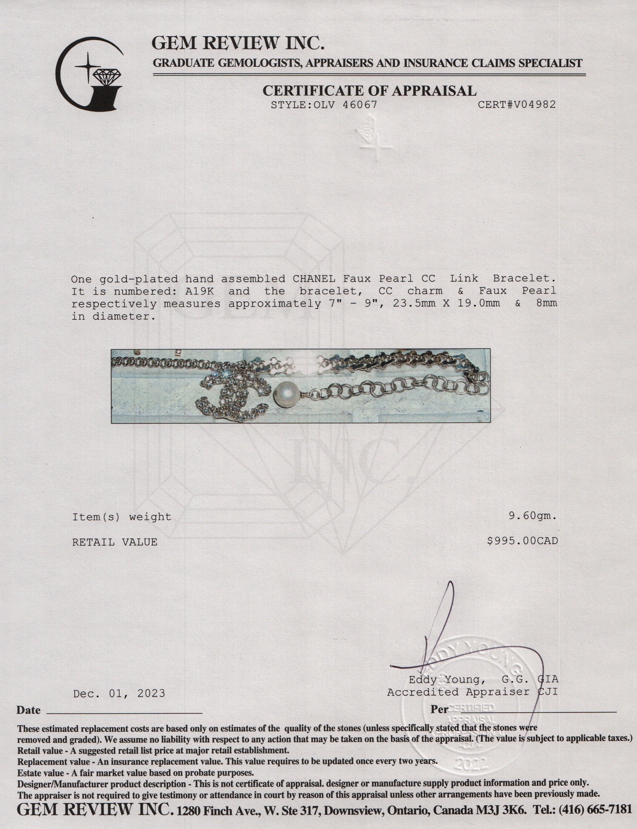 Chanel Gold Plated Faux Pearl CC Link Bracelet