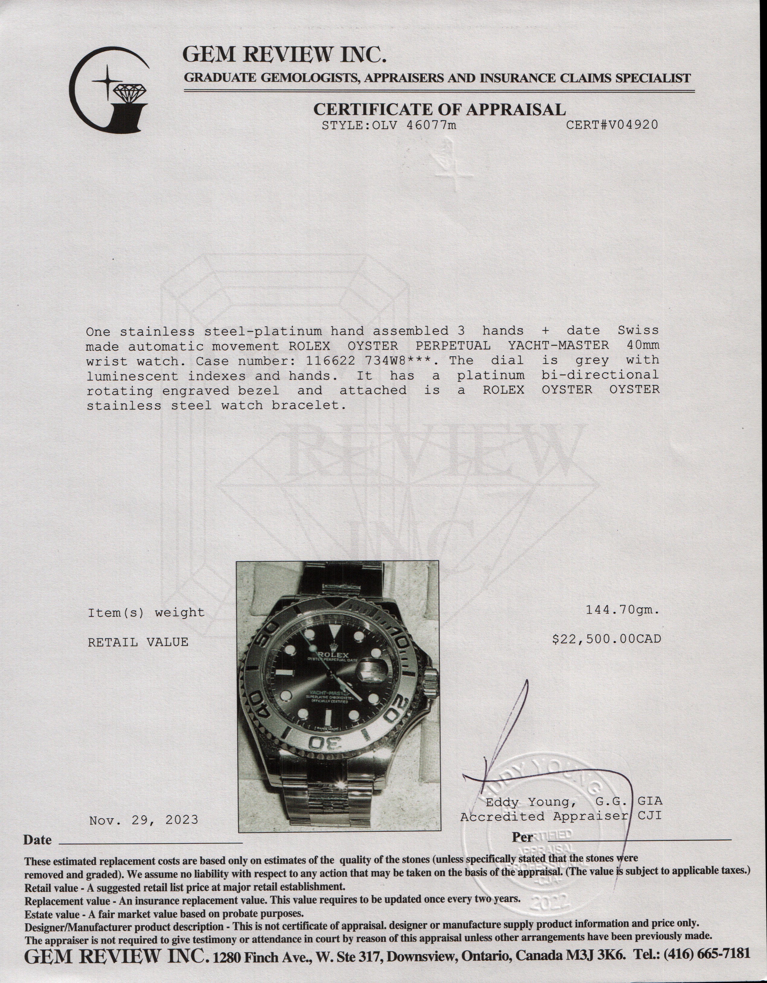 Rolex Stainless Steel Yacht-Master Date 40 MM Automatic Watch w/ Papers