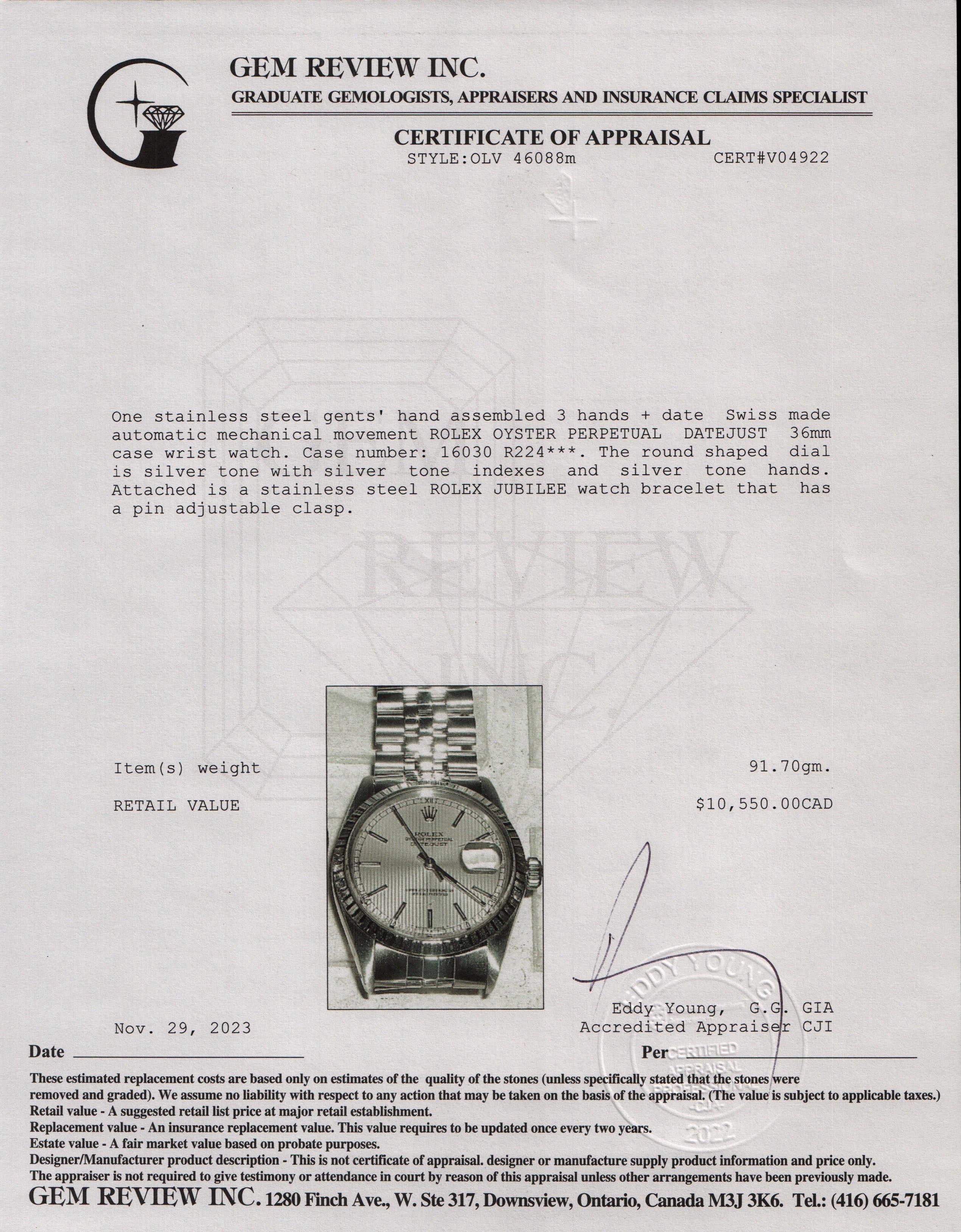 Rolex Stainless Steel Datejust 36 MM Automatic Watch w/ Service Card