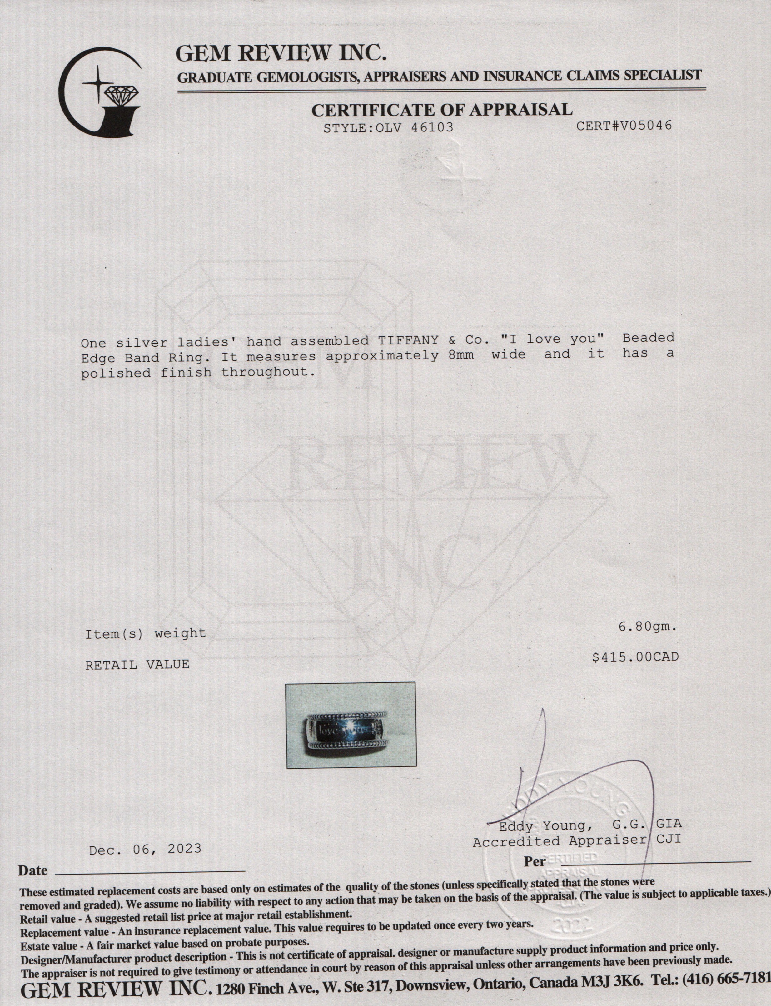 Tiffany & Co. Sterling Silver Wide 'I Love You' Beaded Edge Band, Size 5