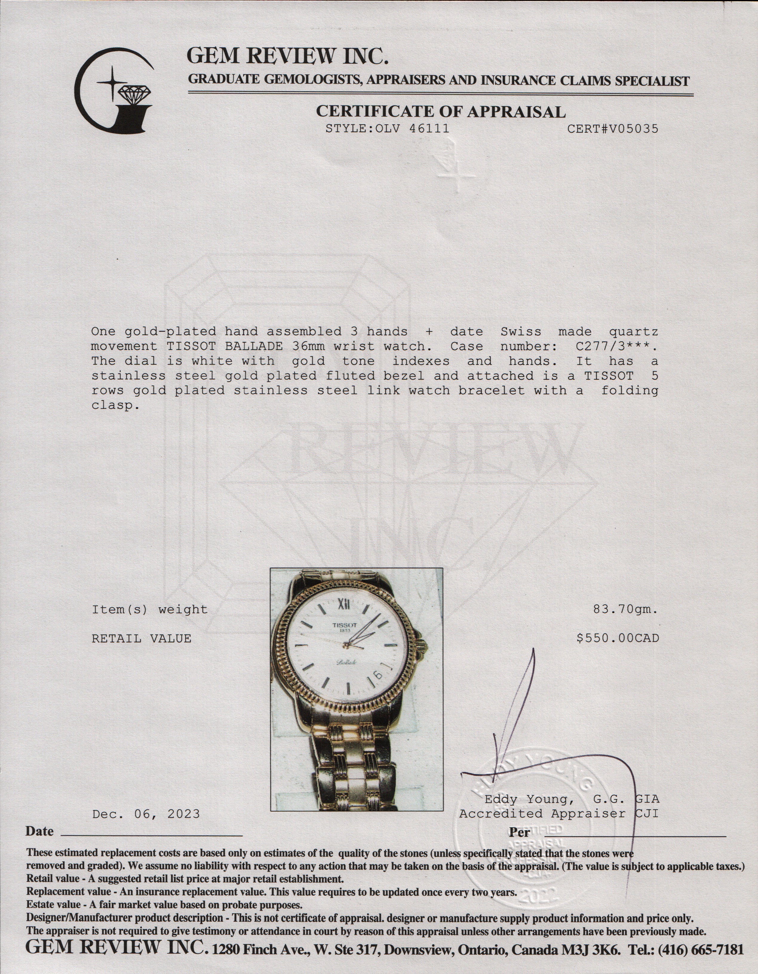 Tissot Gold Plated Stainless Steel Ballade 36 MM Watch