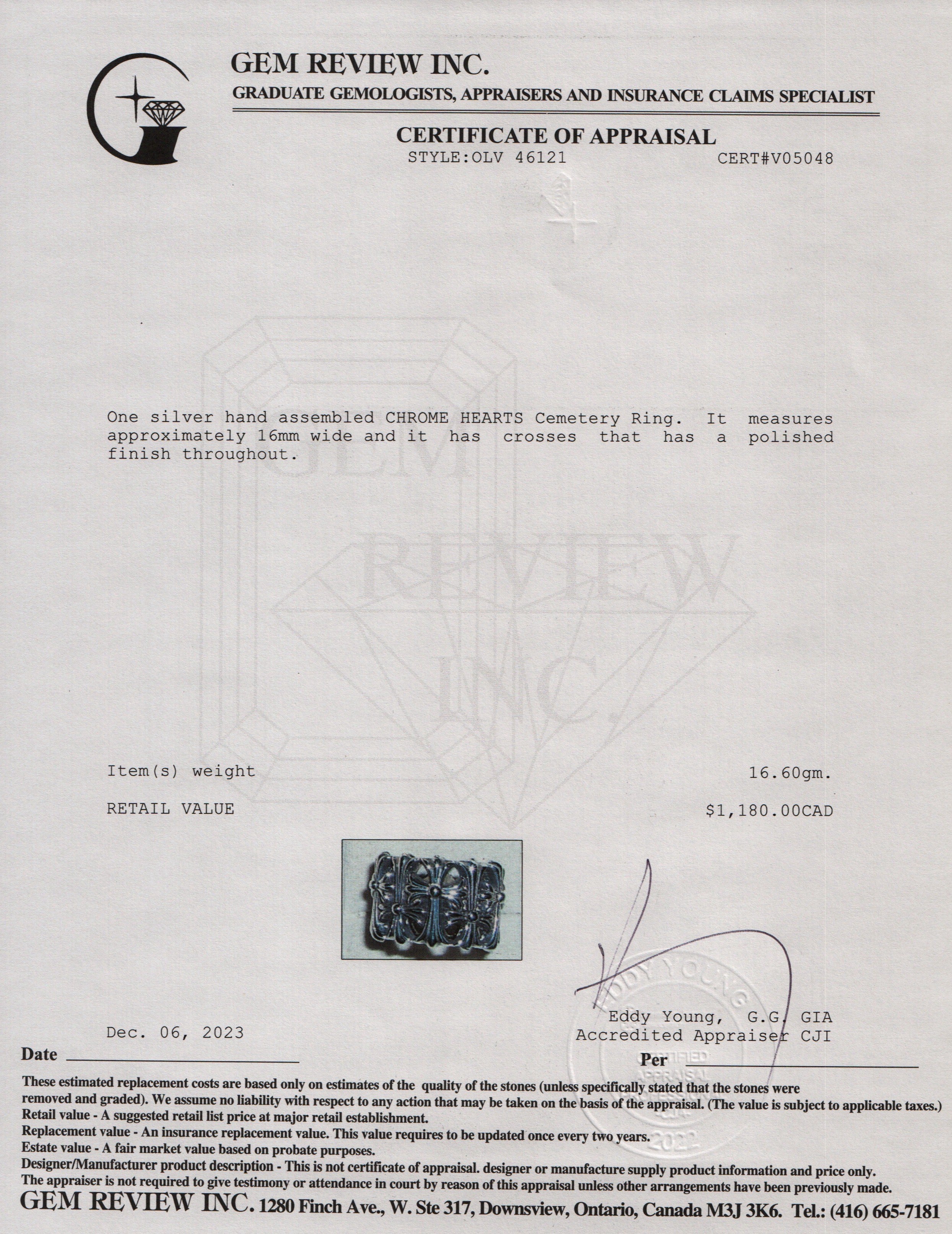 Chrome Hearts Sterling Silver Cemetery Wide 16 MM Band Ring, Size 7.5