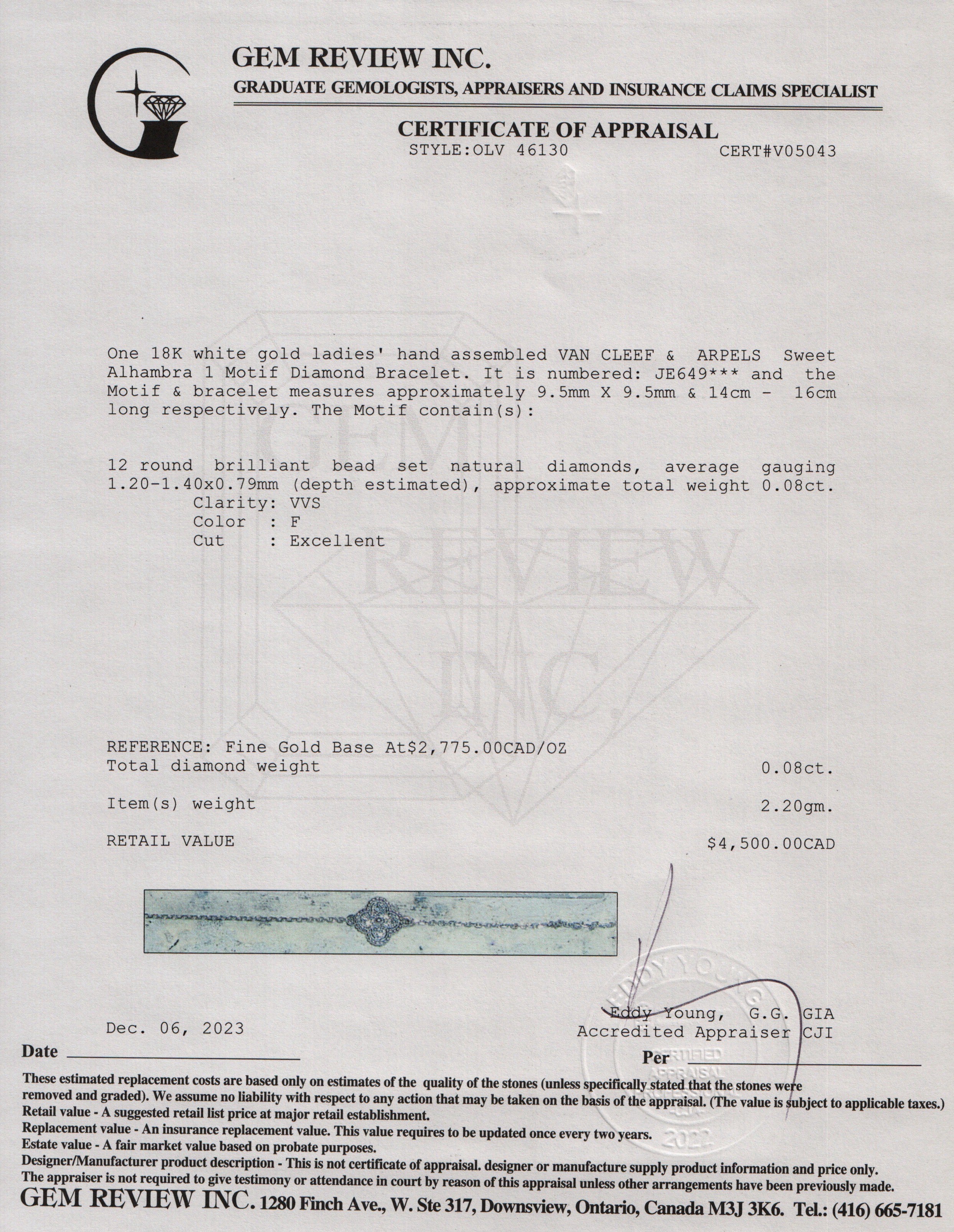 Van Cleef & Arpels 18k White Gold Sweet Alhambra 1 Motif Diamond Bracelet w/ Box