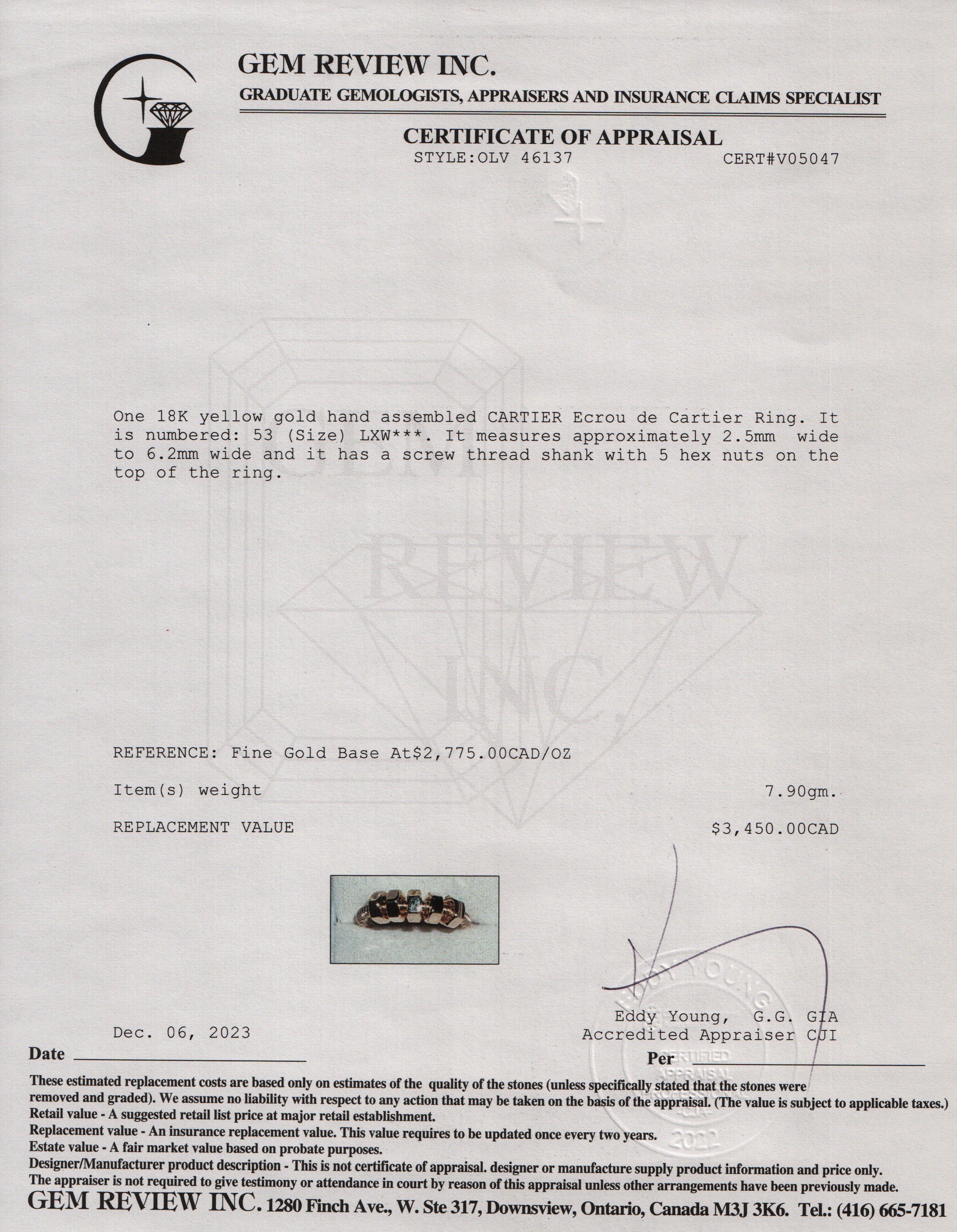 Cartier 18k Yellow Gold Ecrou de Cartier Ring, Size 53 6.25 w/ Box