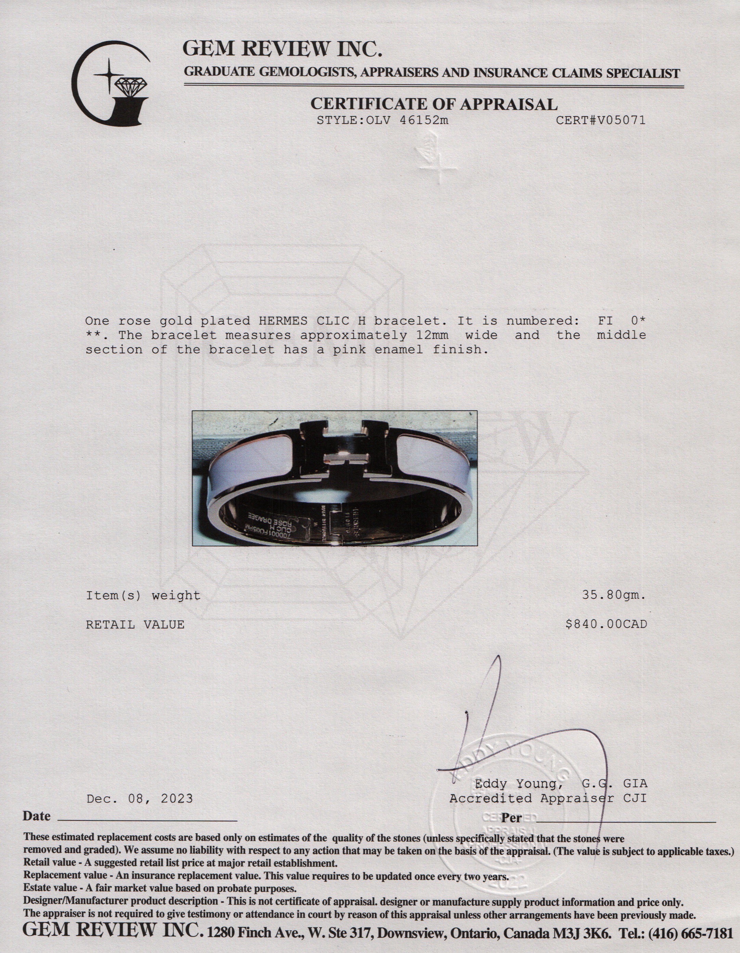 Hermes Rose Gold-Plated Pink Enamel 12 MM Clic H Bracelet w/ Box