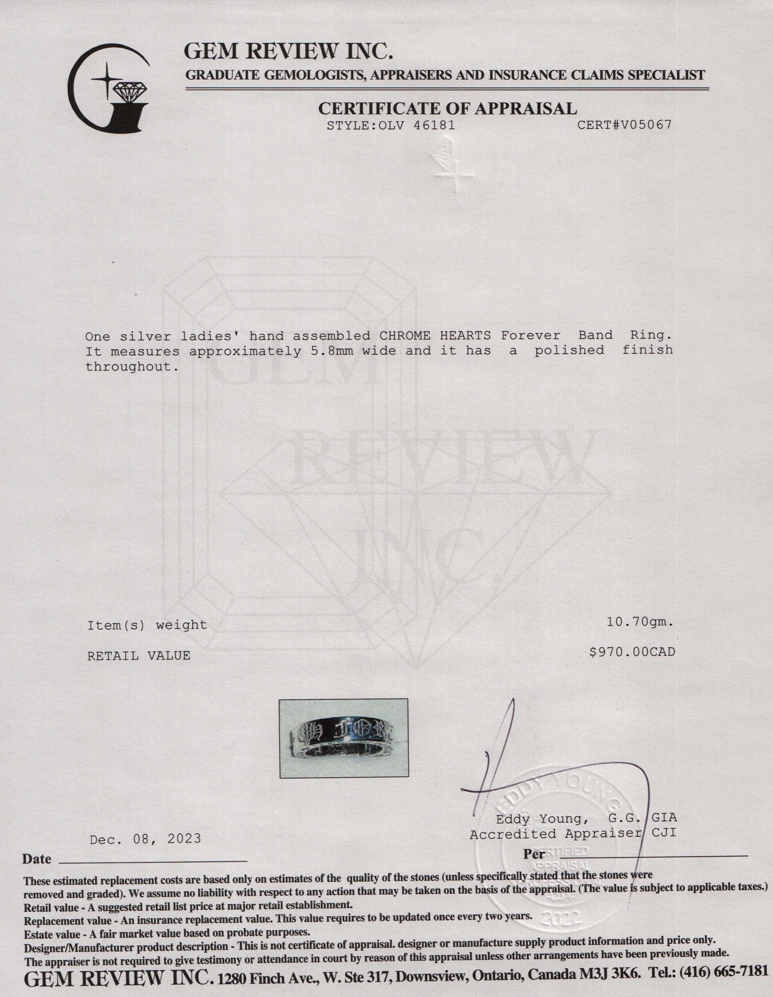 Chrome Hearts Sterling Silver 5.8 MM Forever Band Ring, Size 7