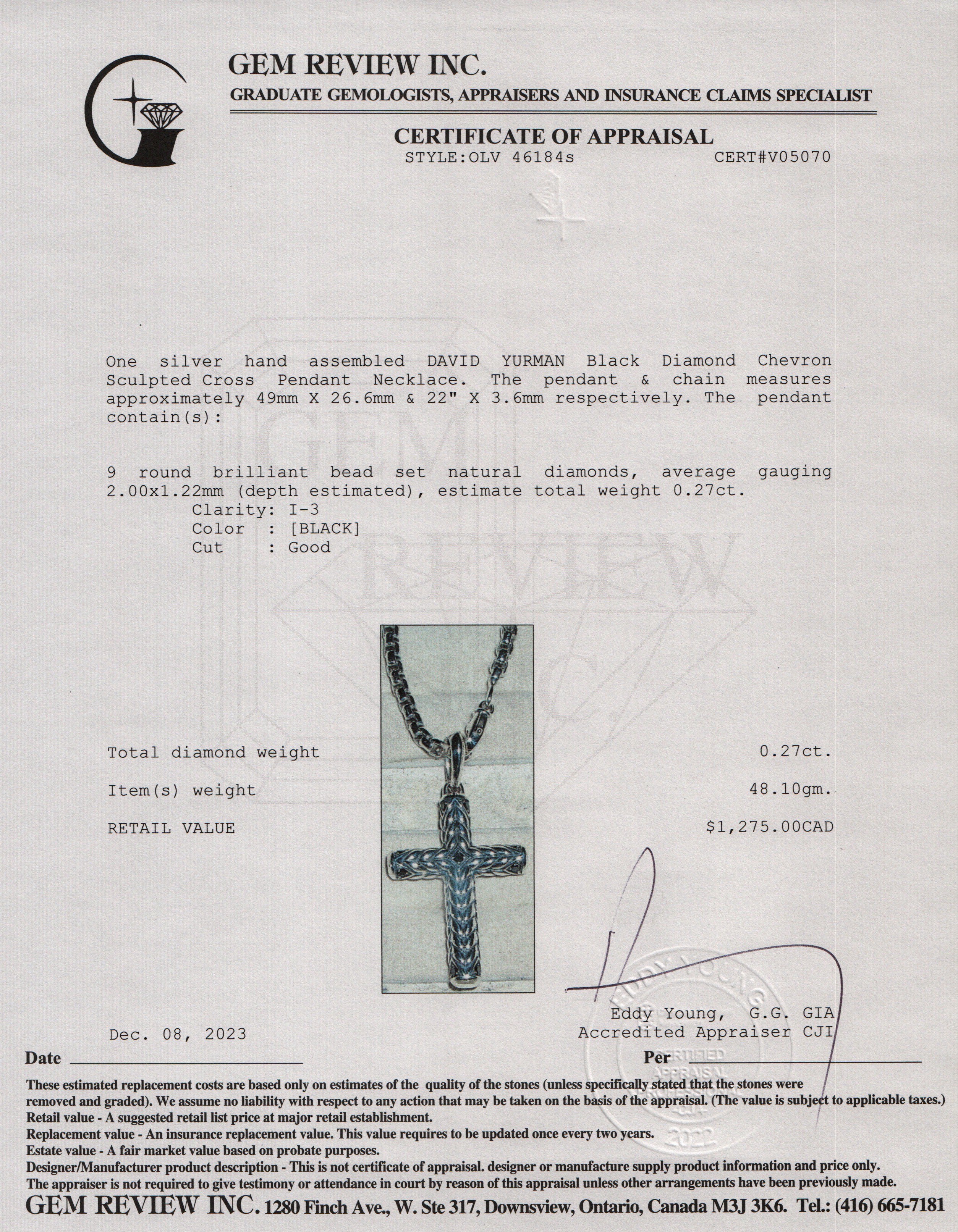 David Yurman Sterling Silver Black Diamond Chevron Sculpted Cross Pendant Necklace w/ Box & Receipt