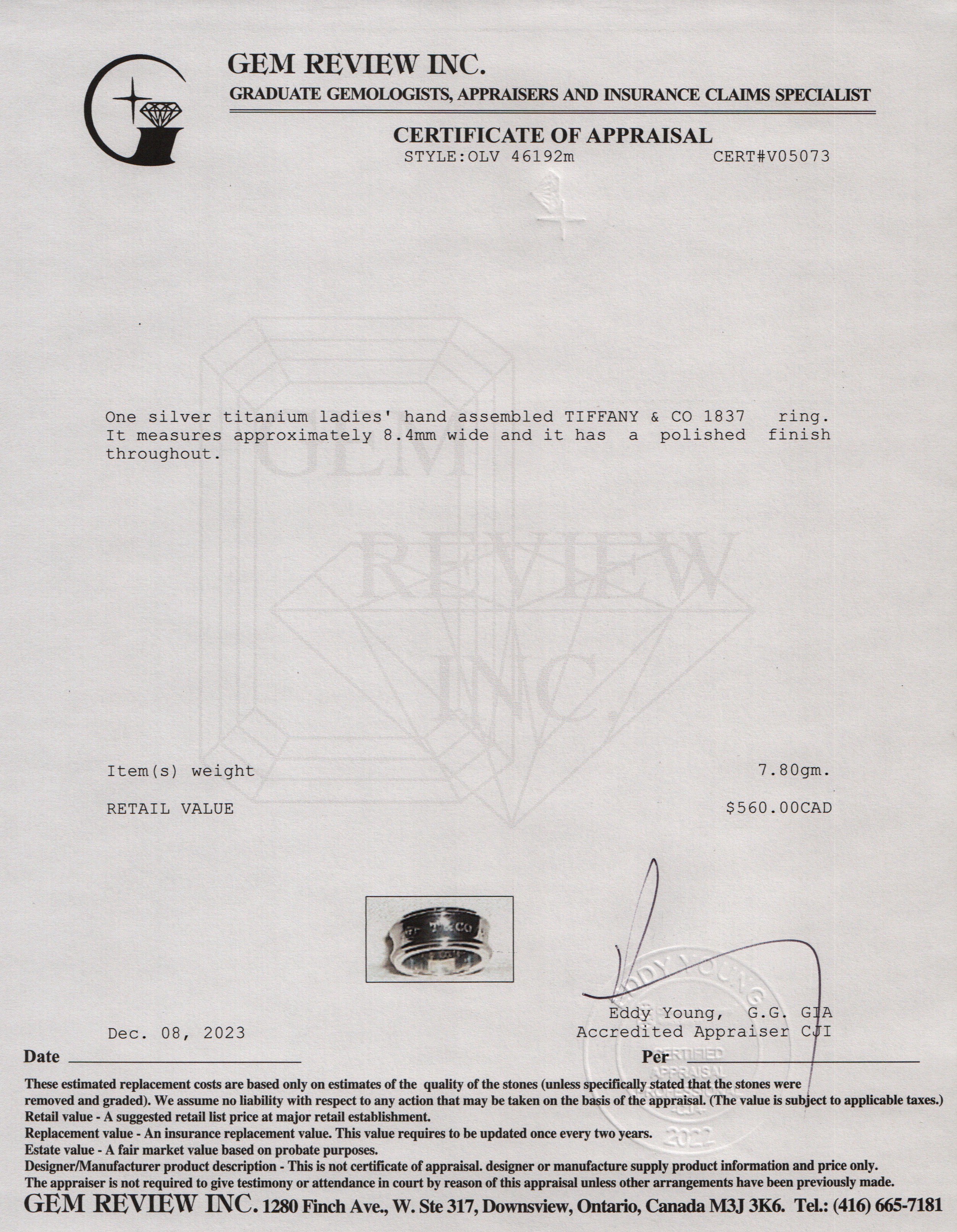 Tiffany & Co. Midnight Titanium & Sterling Silver 1837 Ring, Size 8