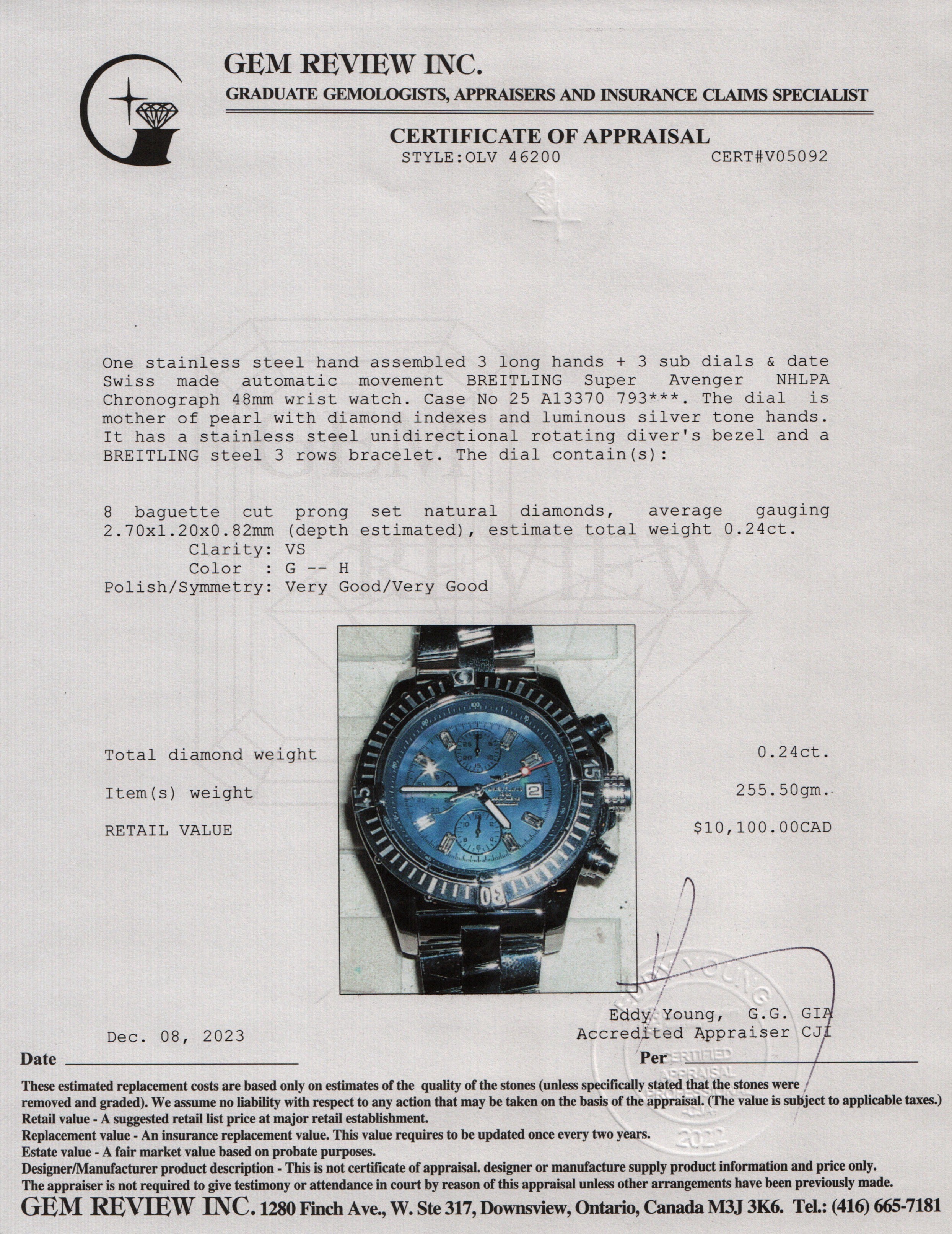 Breitling Stainless Steel NHLPA Super Avenger 48 MM Automatic Chronograph Watch w/ Mother of Pearl Diamond Dial