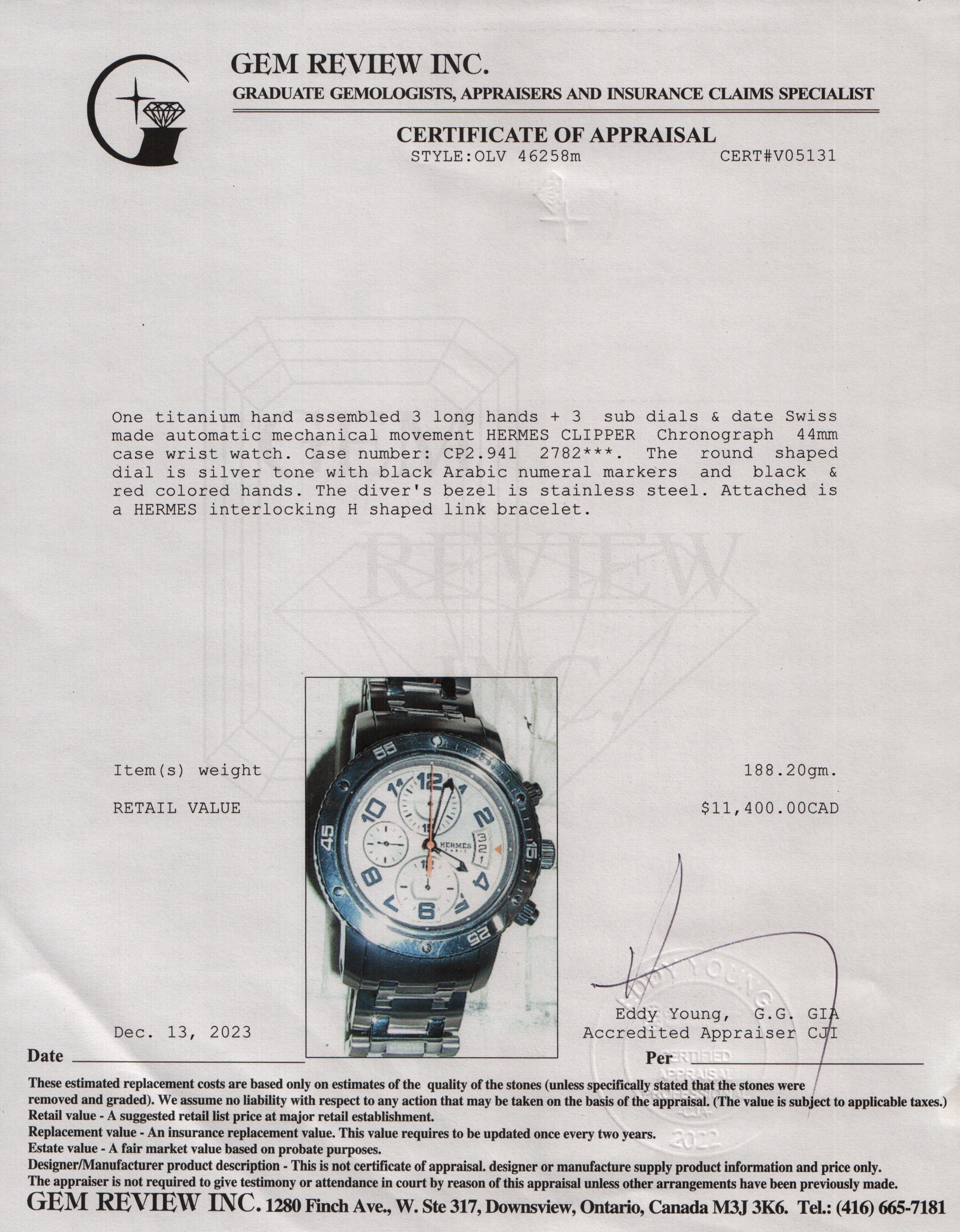 Hermes Titanium Clipper Chrono Maxi Automatic 44 MM Watch w/ Box