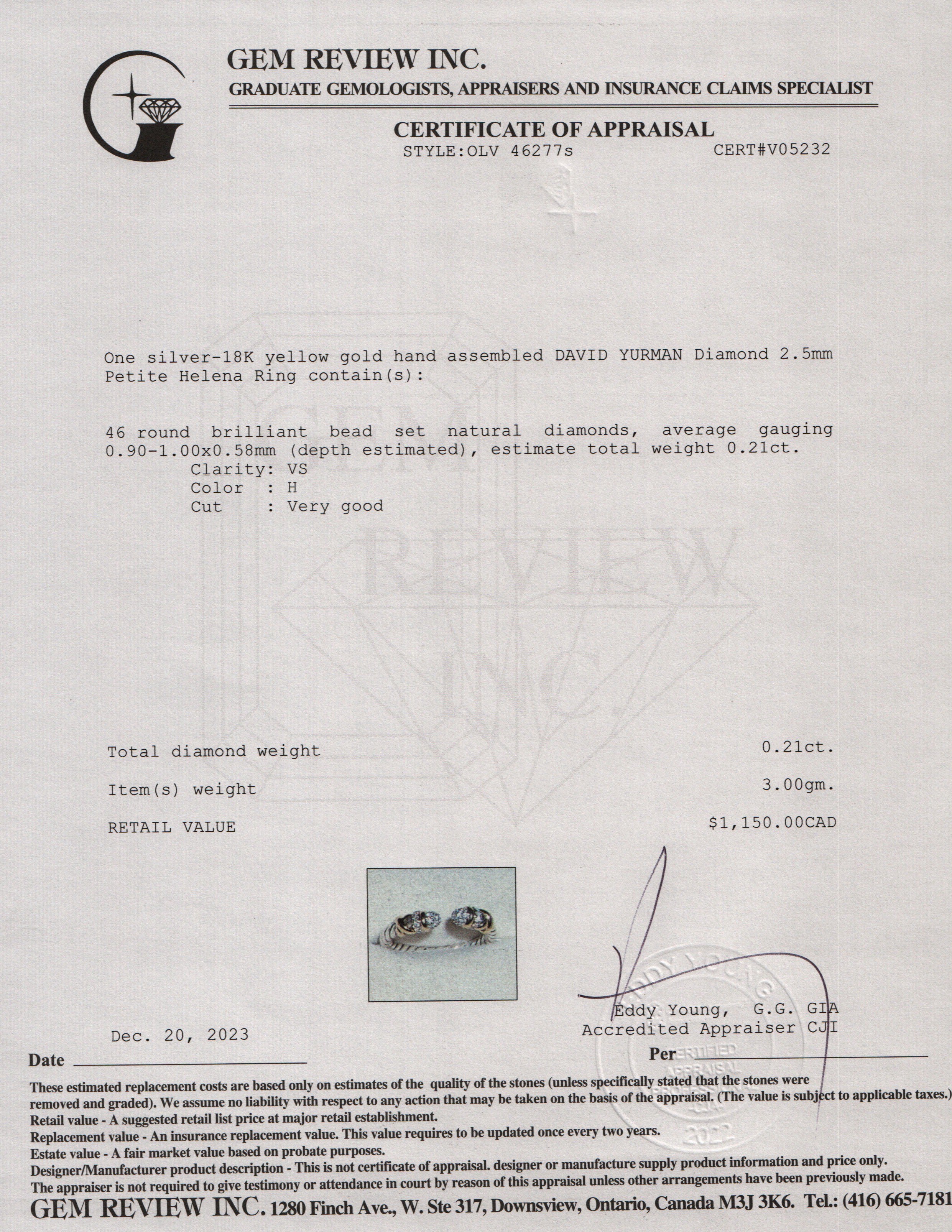 David Yurman Sterling Silver & 18k Yellow Gold Diamond 2.5MM Petite Helena Ring, Size 5