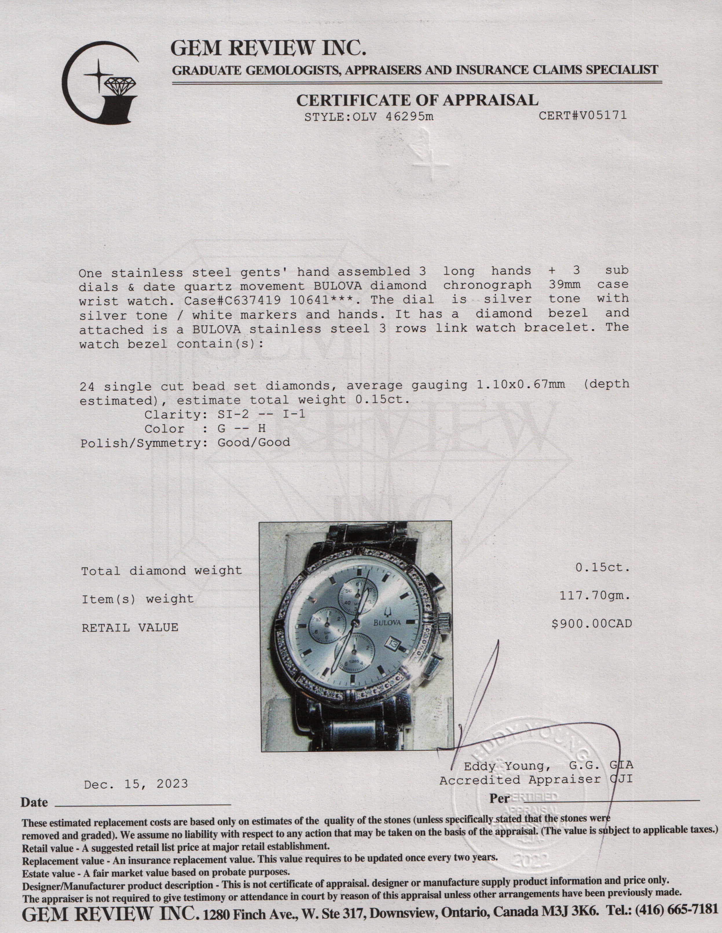 Bulova Stainless Steel Diamond Chronograph 39 MM Quartz Watch