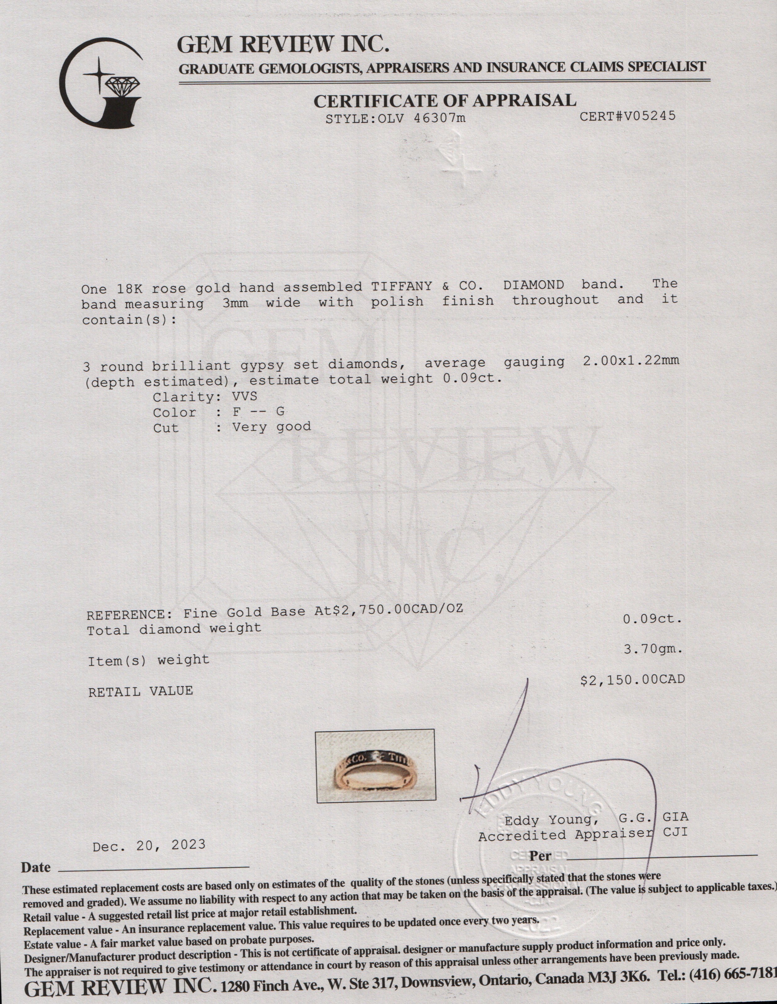 Tiffany & Co. 18k Rose Gold 3 Diamond 3 MM Band Ring, Size 6.5