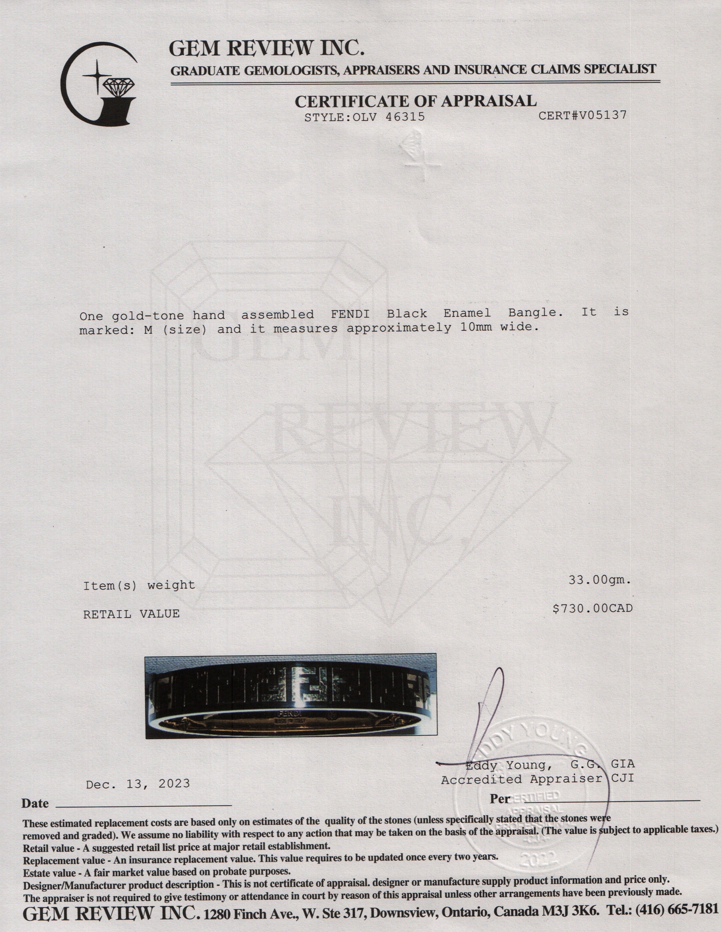 Fendi Gold-Tone Metal & Black Enamel Forever Fendi Hinged Bangle w/ Box