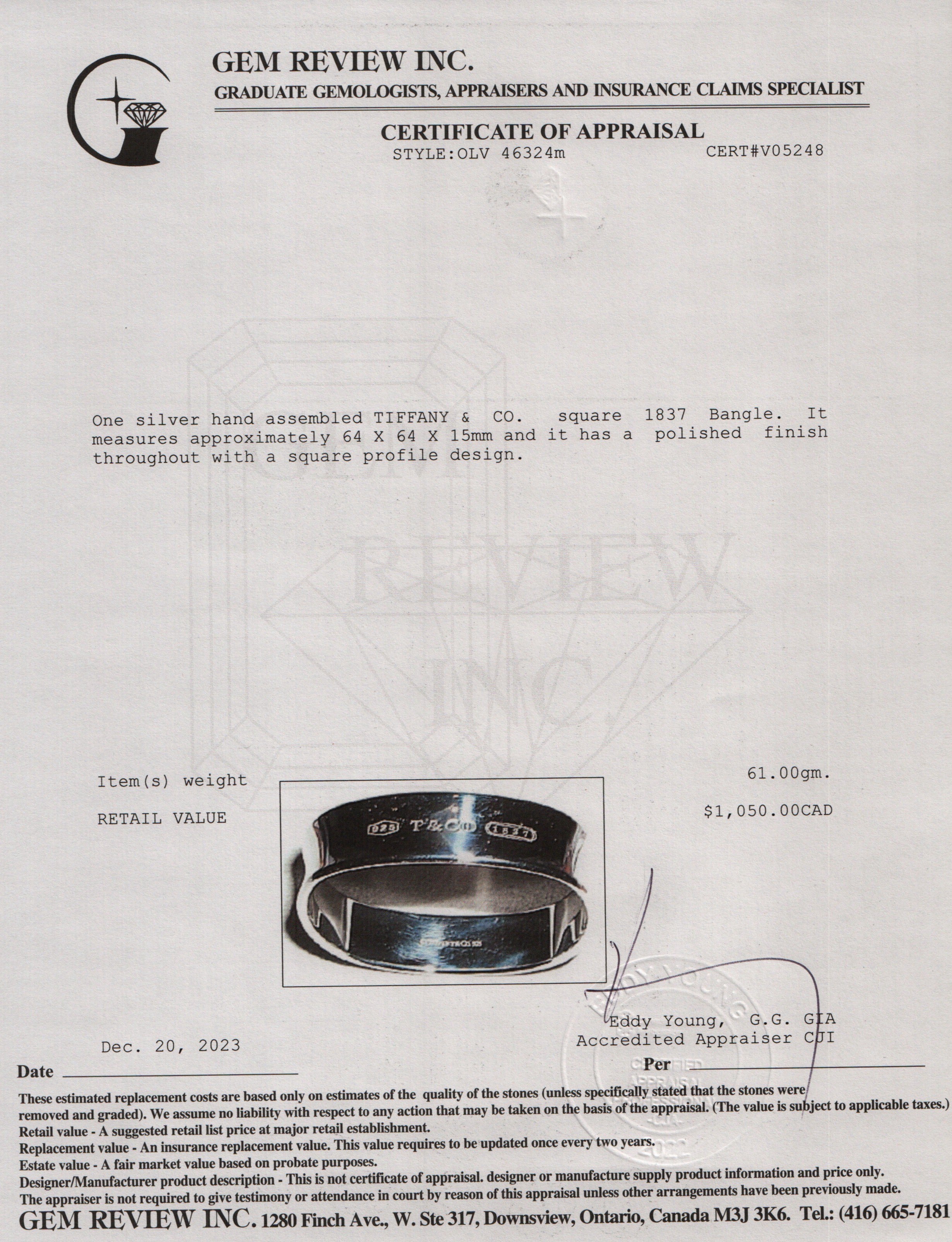 Tiffany & Co. Sterling Silver Square 1837 Bangle Bracelet