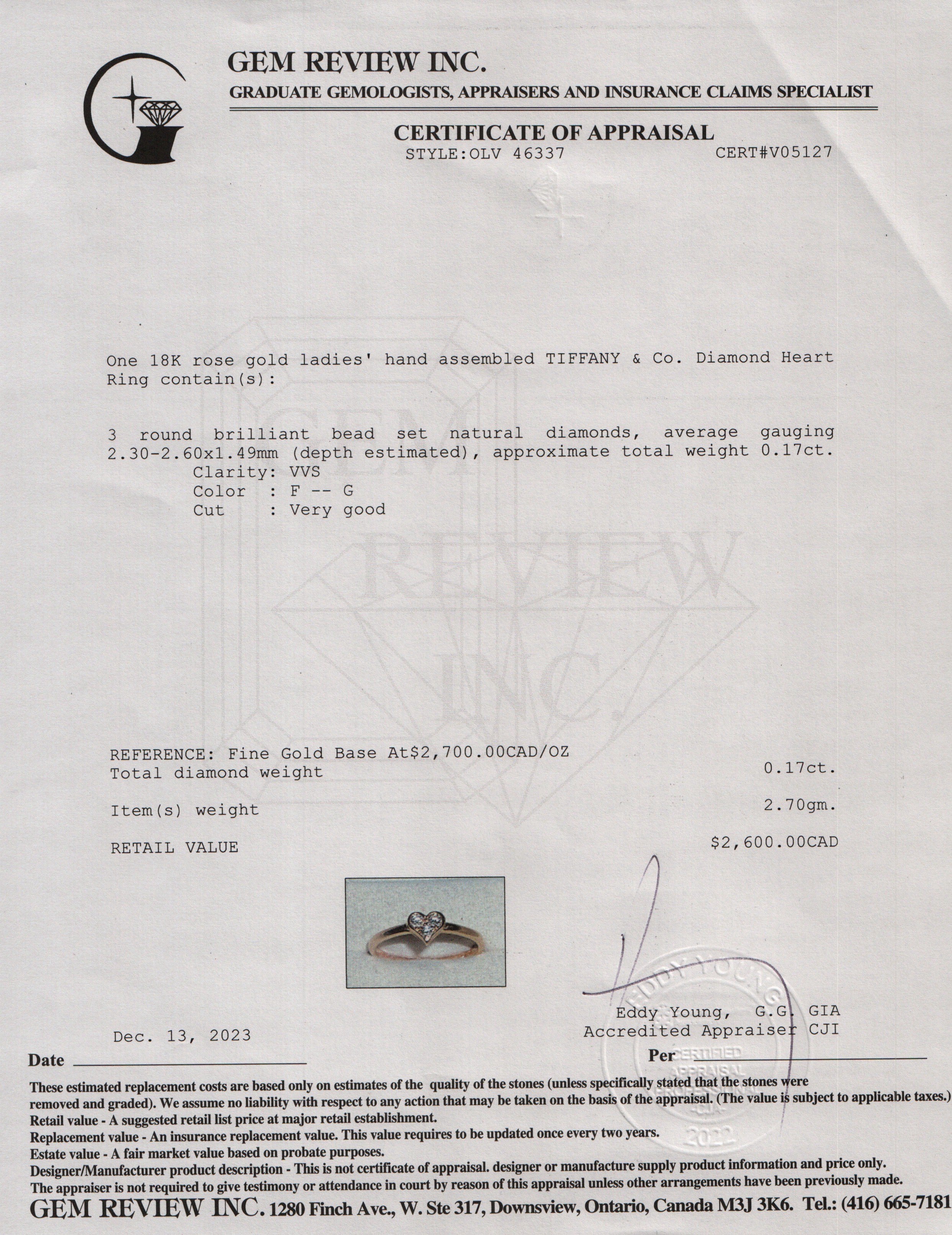 Tiffany & Co. 18k Rose Gold Diamond Heart Ring, Size 10