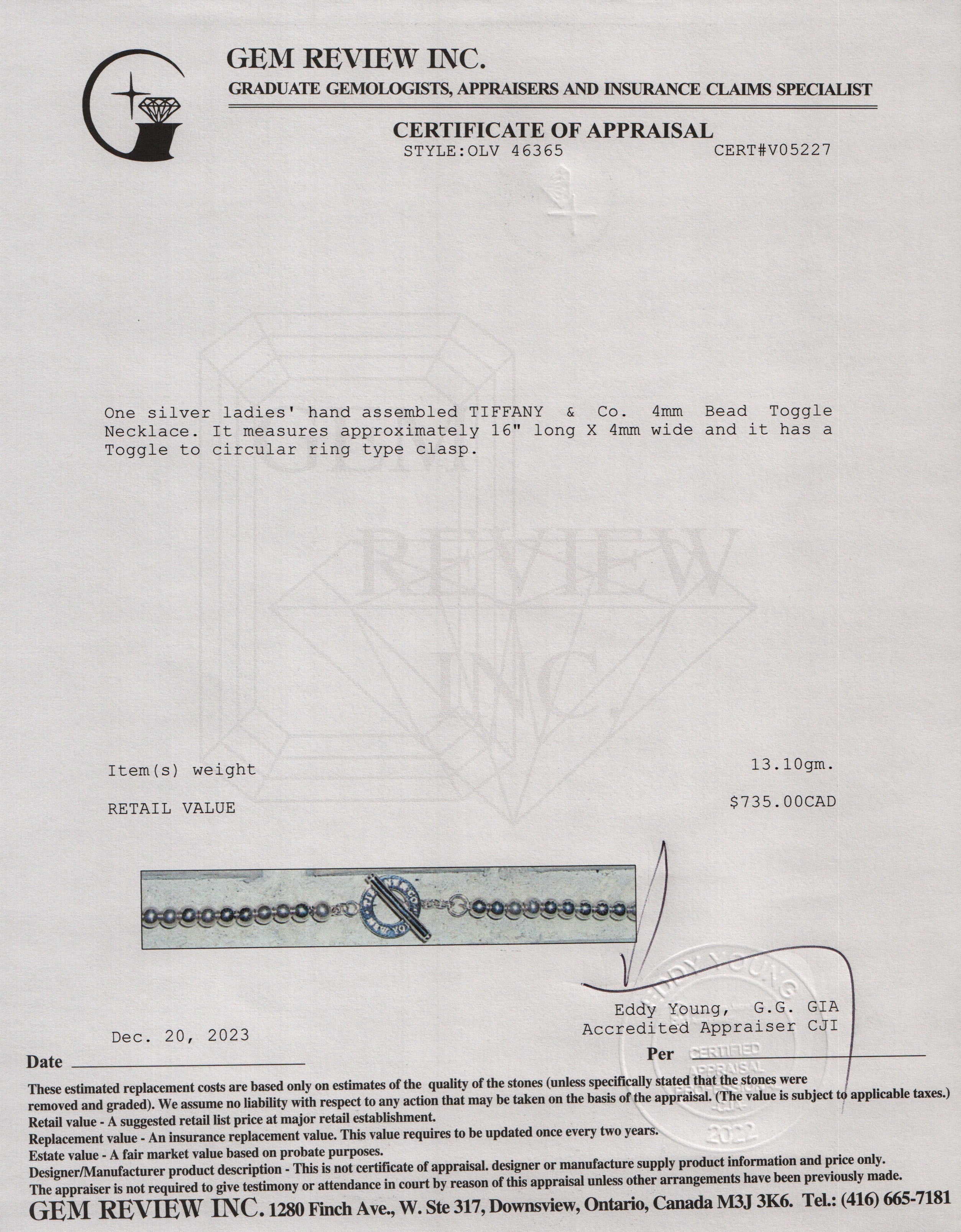 Tiffany & Co. Sterling Silver 4MM Bead Toggle Necklace