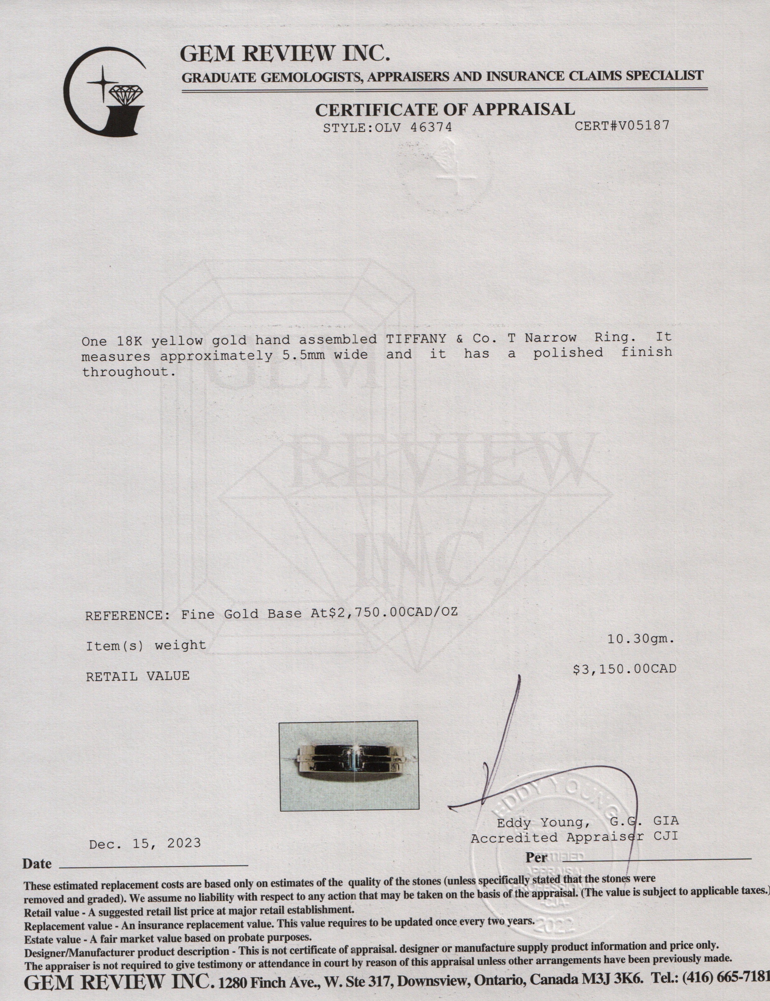 Tiffany & Co. 18k Yellow Gold T Narrow 5.5MM Wide Ring, Size 8.5 w/ Box