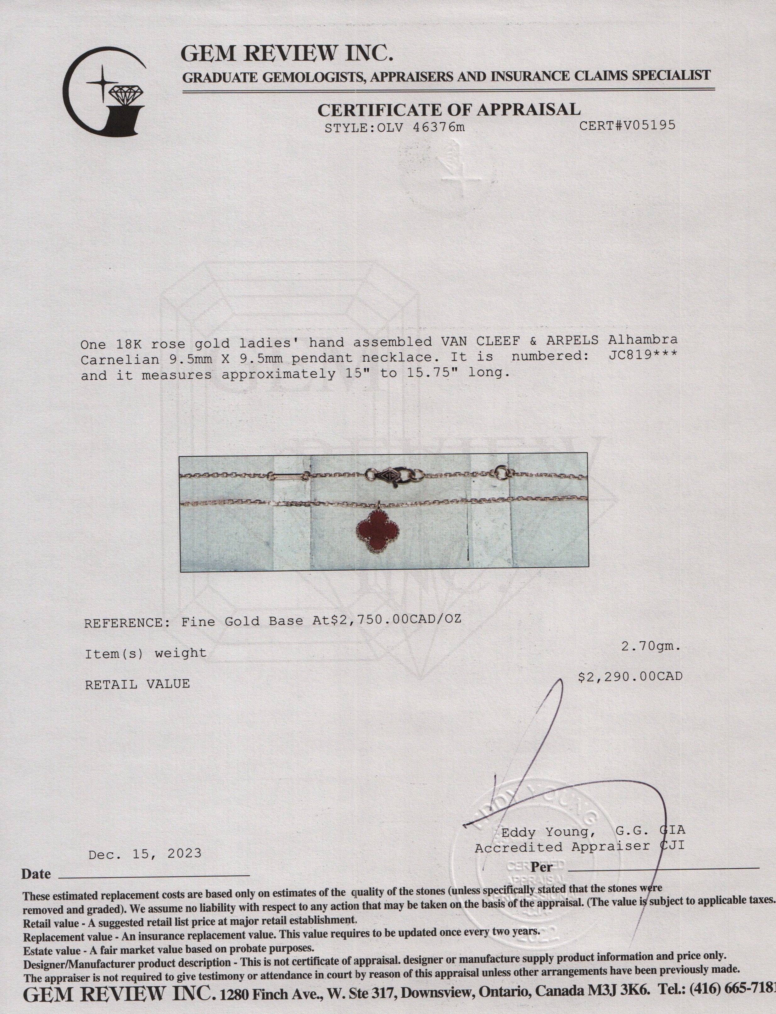 Van Cleef & Arpels 18k Rose Gold Sweet Alhambra Carnelian Pendant Necklace w/ Box, Receipt & Certificate