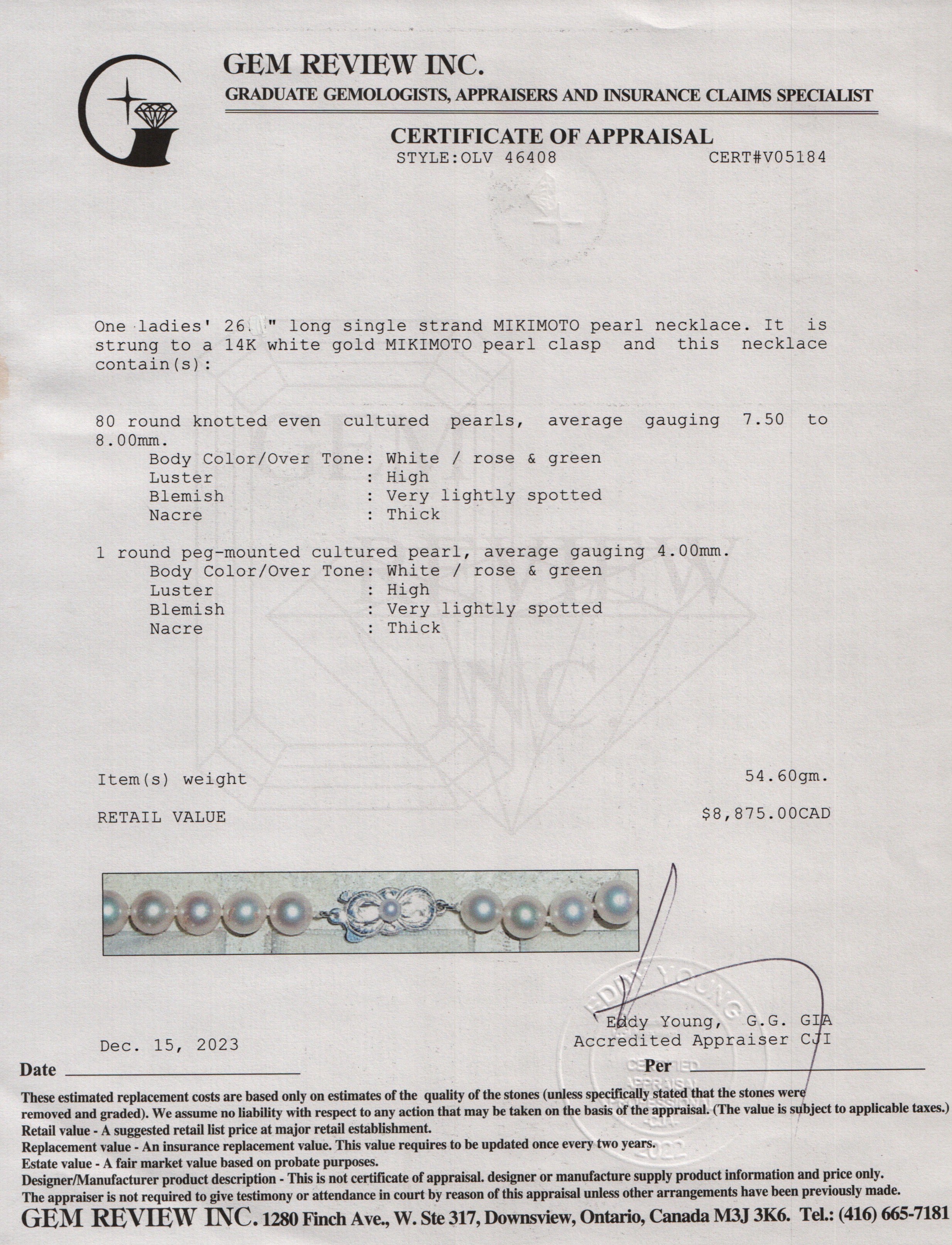 Mikimoto 14k White Gold Akoya Cultured Pearl Necklace