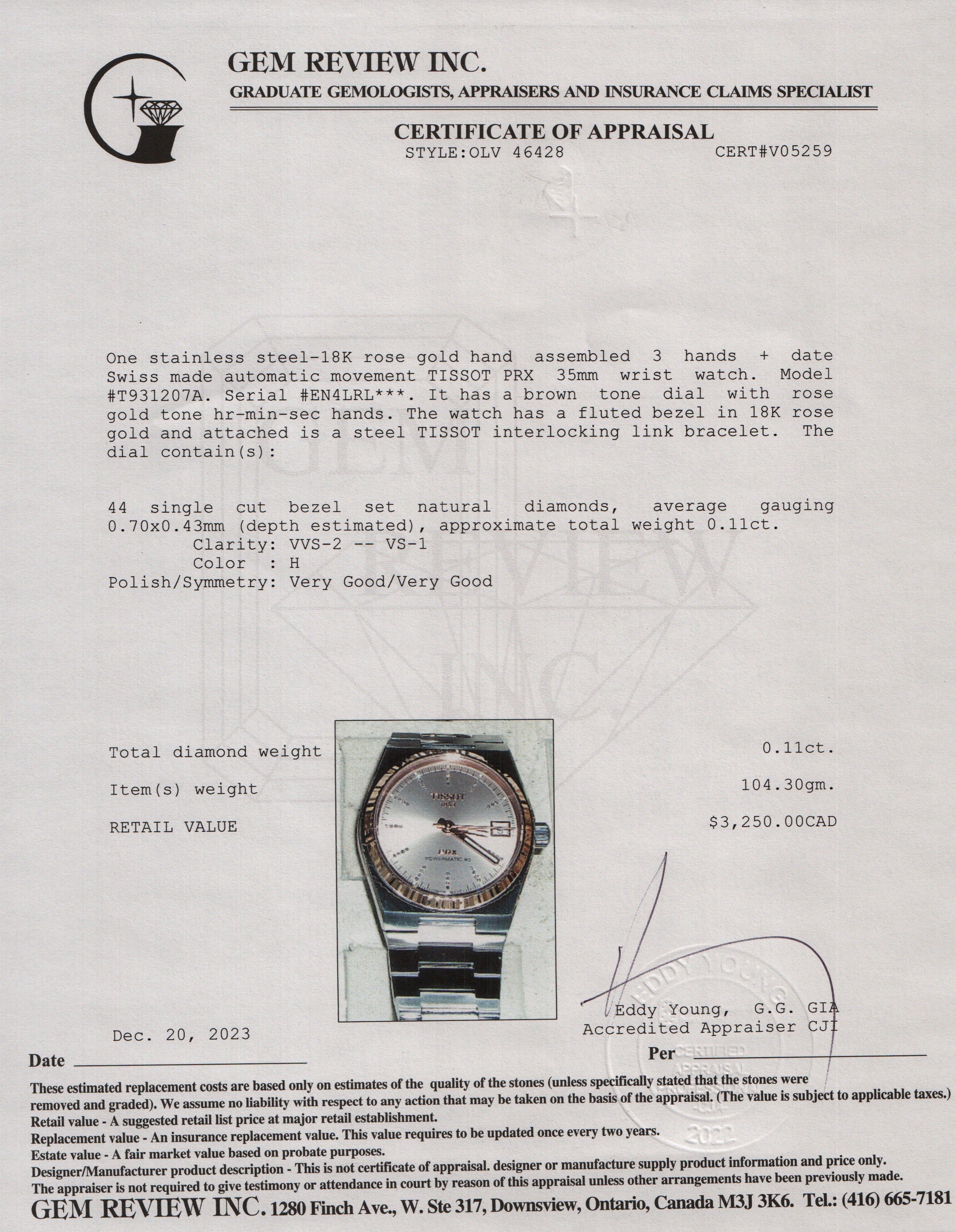 Tissot 2023 Stainless Steel & 18k Rose Gold Diamond Dial PRX 35 MM Automatic Watch w/ Box & Papers