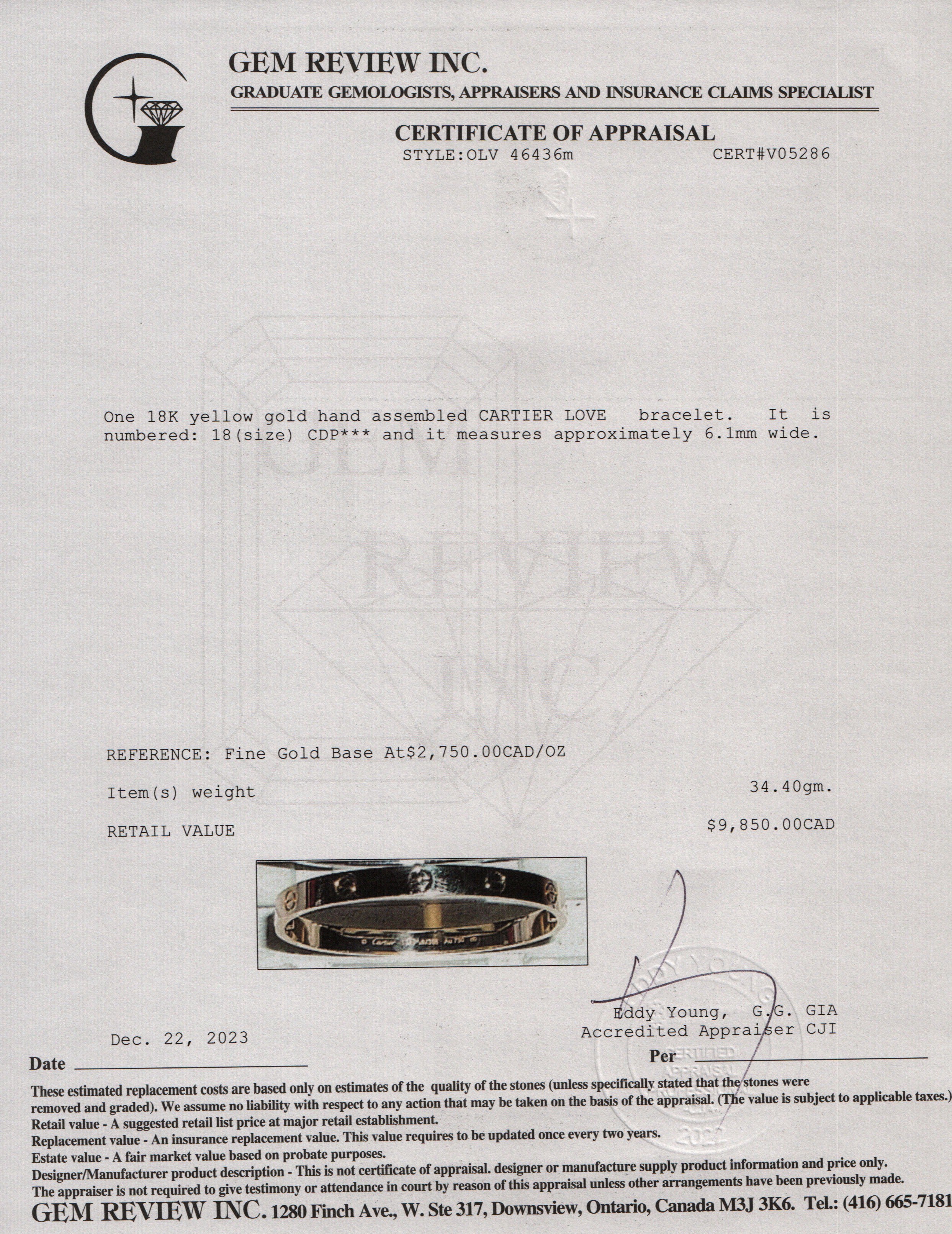 Cartier 18k Yellow Gold Love Bracelet, Size 18 w/ Receipt & Certificate