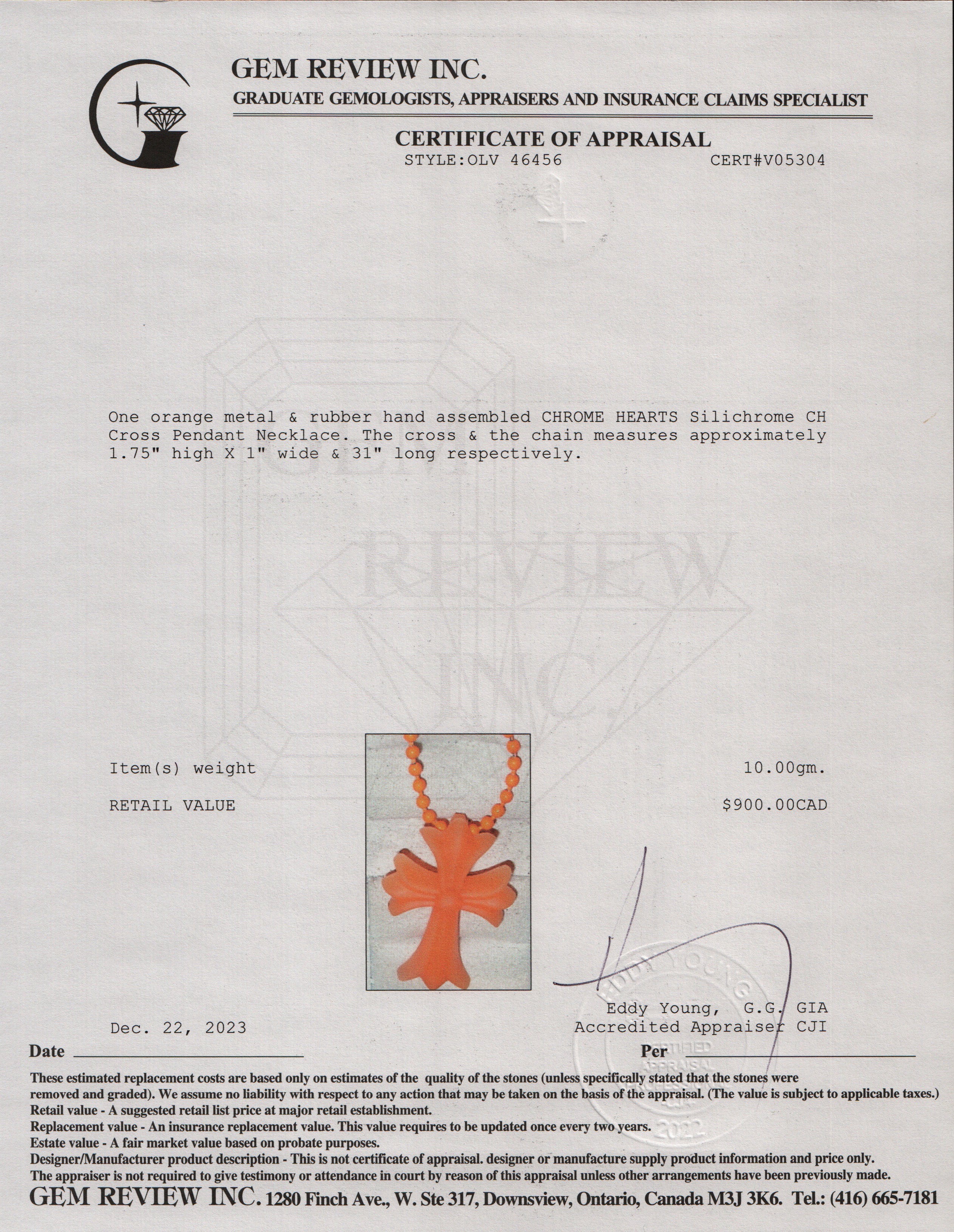 Chrome Hearts Orange Metal & Rubber Silichrome CH Cross Pendant Necklace