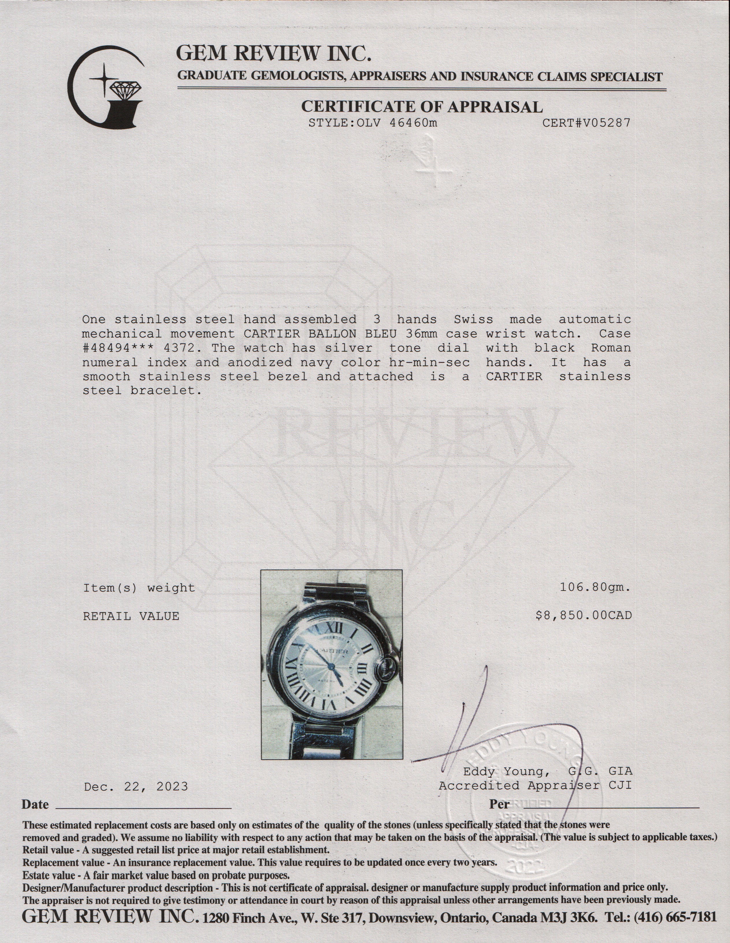 Cartier 2022 Stainless Steel Ballon Bleu de Cartier 36 MM Automatic Watch w/ Box & Papers