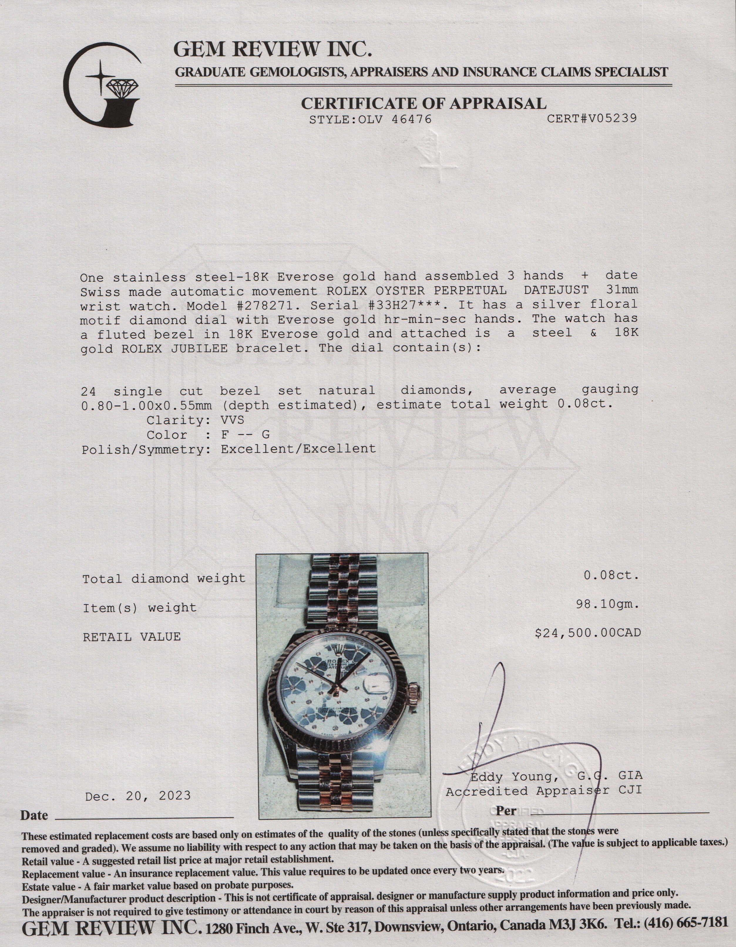 Rolex 2022 Stainless Steel & 18k Everose Gold Datejust Floral Motif Diamond Dial 31 MM Watch w/ Box