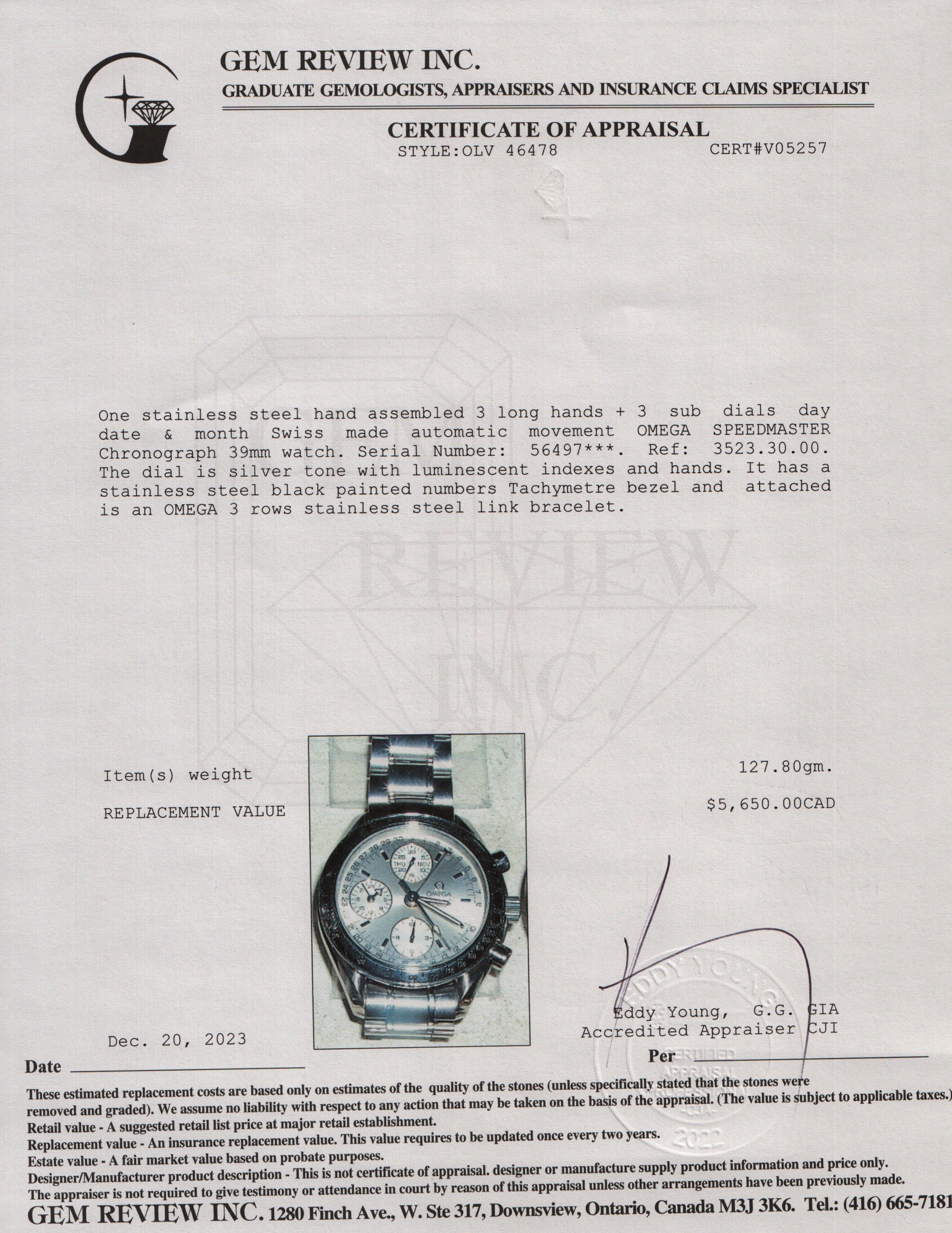 Omega Stainless Steel Speedmaster Day-Date 39 MM Automatic Chronograph Watch