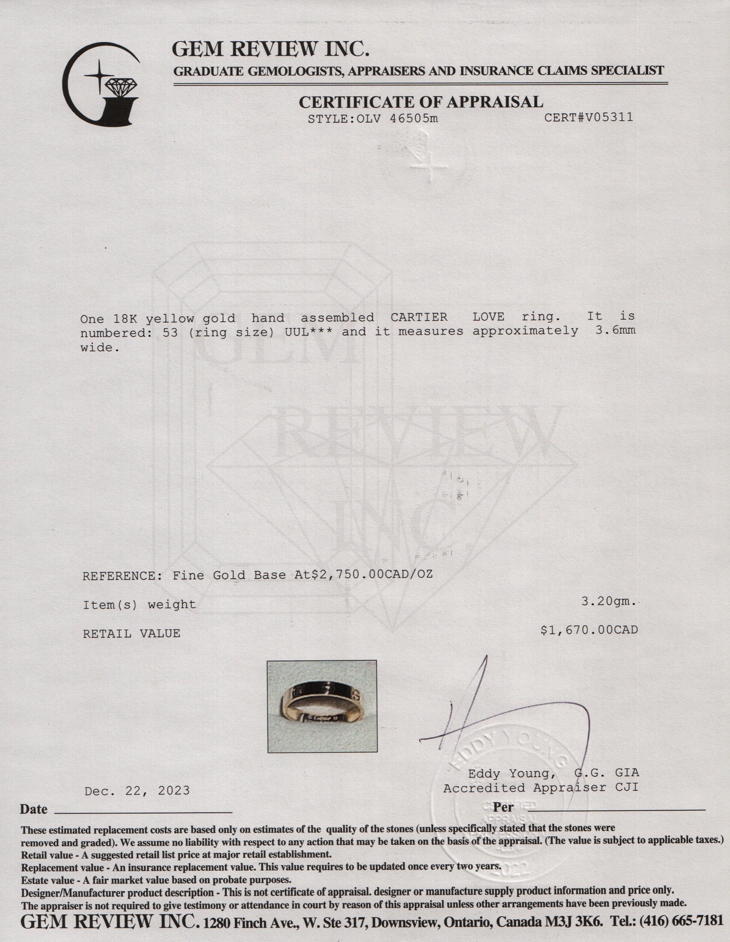 Cartier 2023 18k Yellow Gold 3.6 mm Love Wedding Band Ring, Size 53 6.5 w/ Box & Certificate