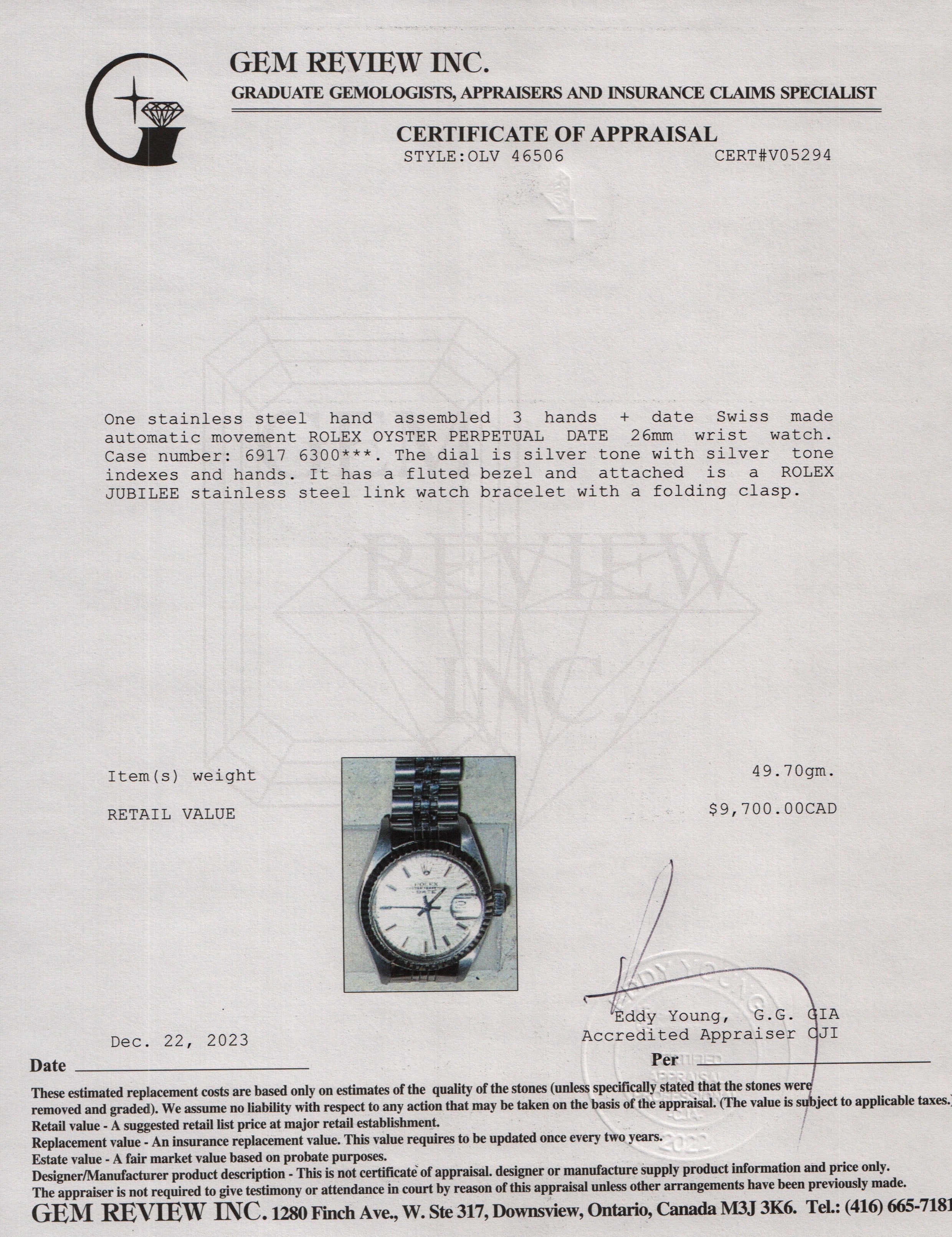 Rolex Stainless Steel Oyster Perpetual Date 26 MM Watch