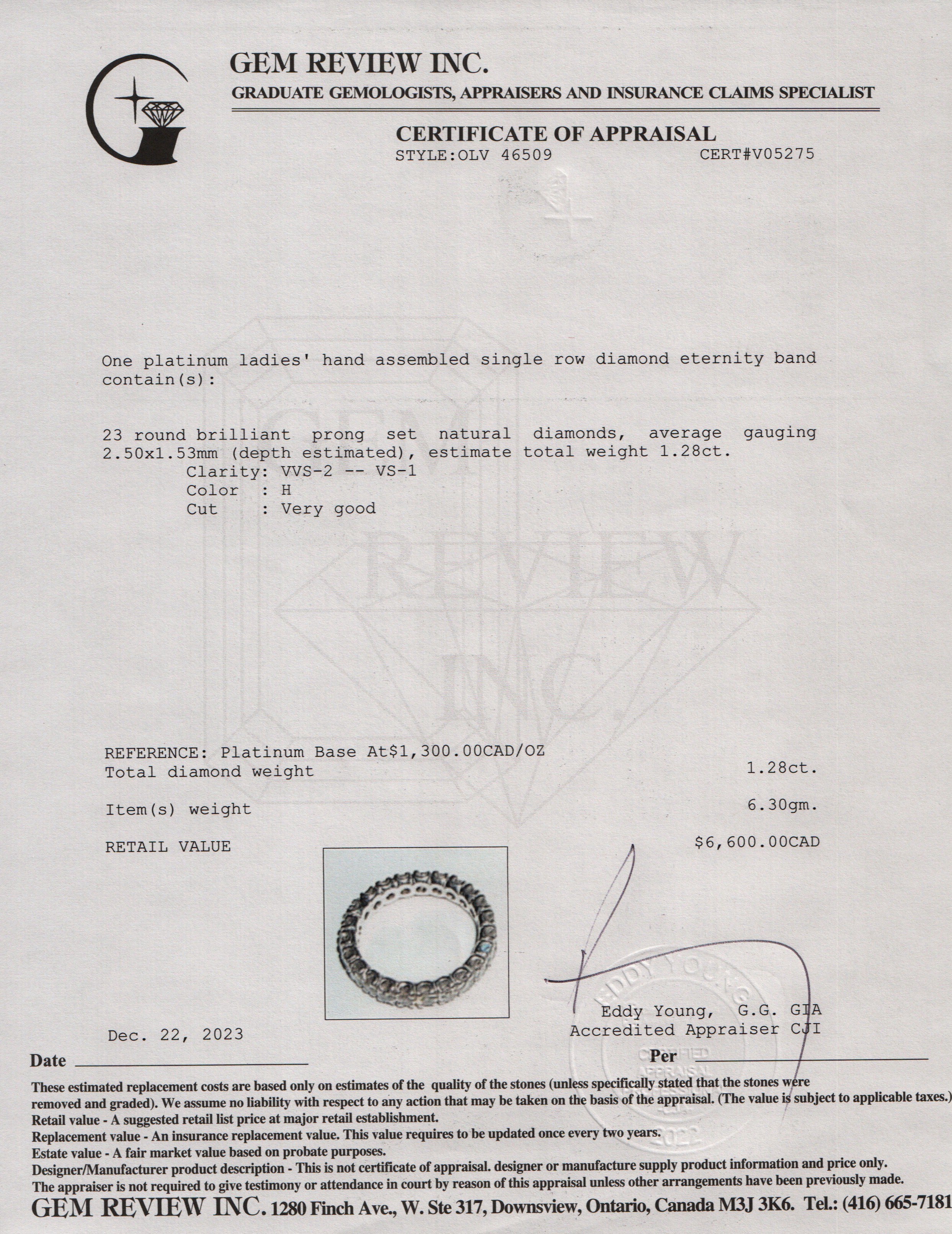 Platinum 1.28 tcw. Diamond Eternity Band Ring, Size 6.75