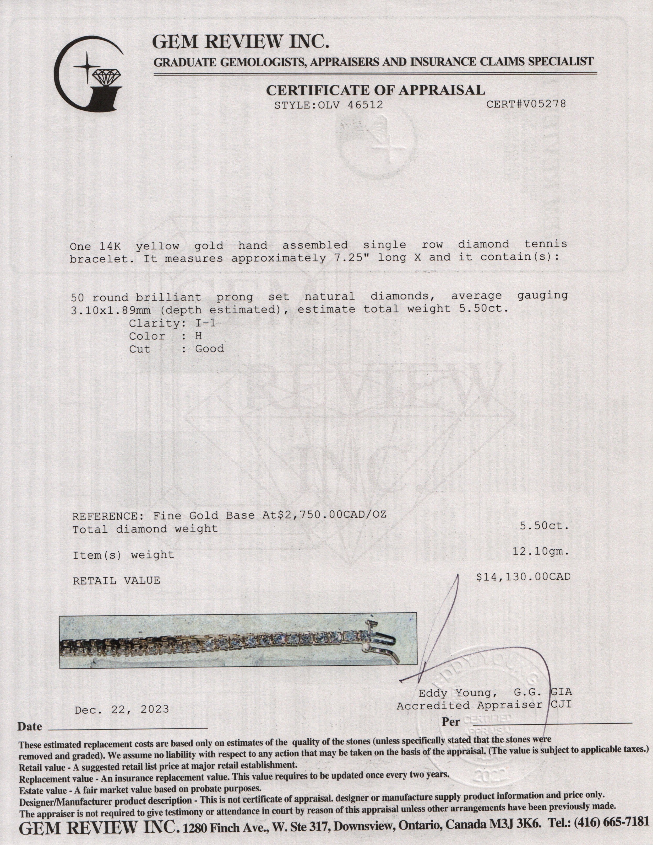 14k Yellow Gold 5.50 tcw Diamond Tennis Bracelet