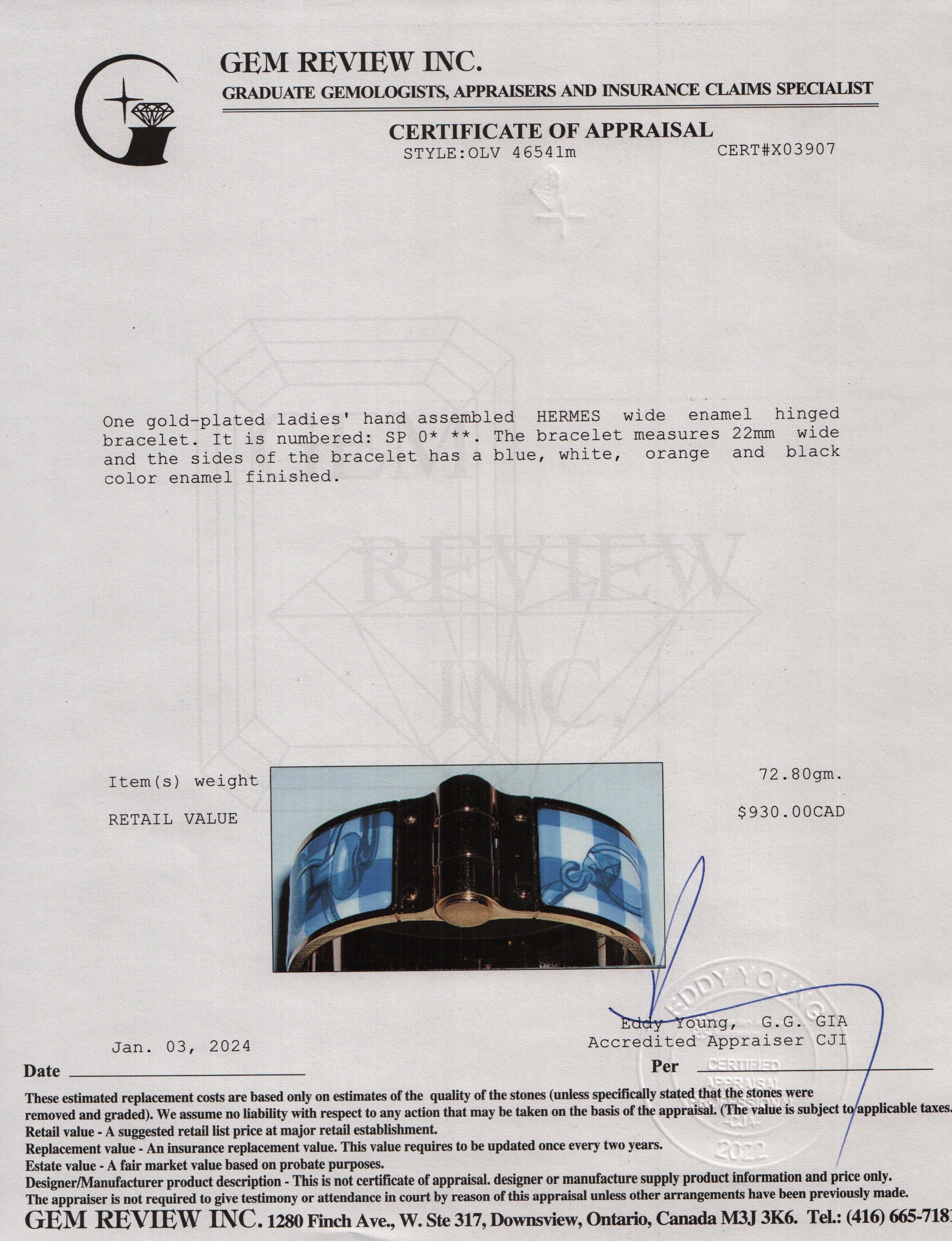 Hermes Gold Plated Wide Hinged Enamel Bracelet w/ Box