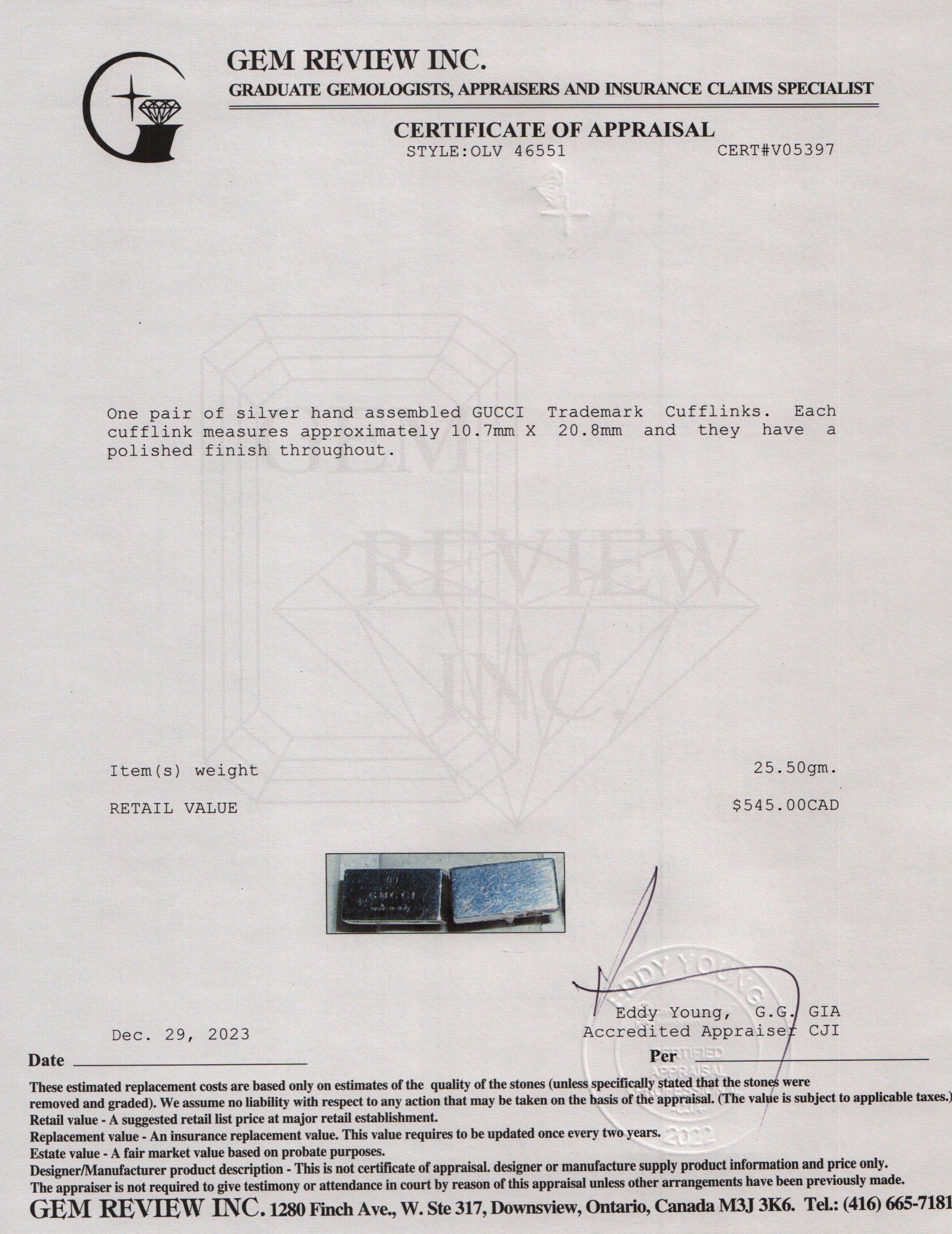 Gucci Sterling Silver Trademark Cufflinks